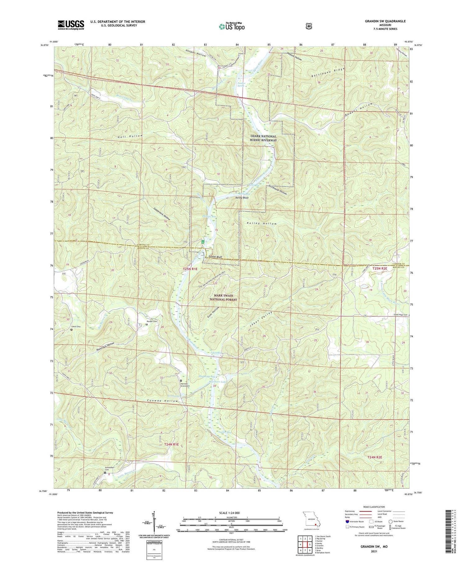 Grandin SW Missouri US Topo Map Image
