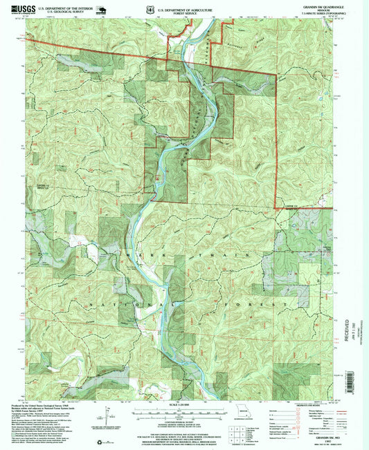 Classic USGS Grandin SW Missouri 7.5'x7.5' Topo Map Image