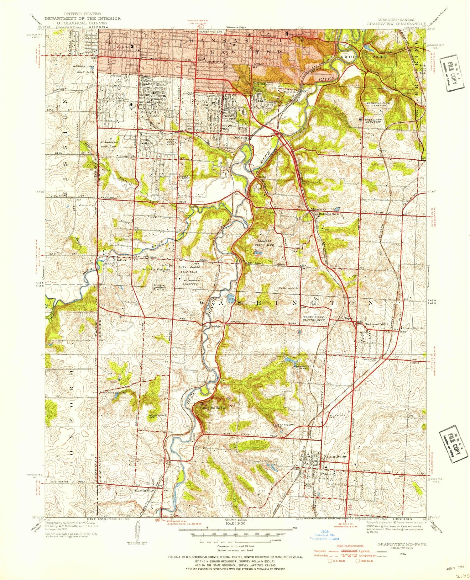 Classic USGS Grandview Missouri 7.5'x7.5' Topo Map Image