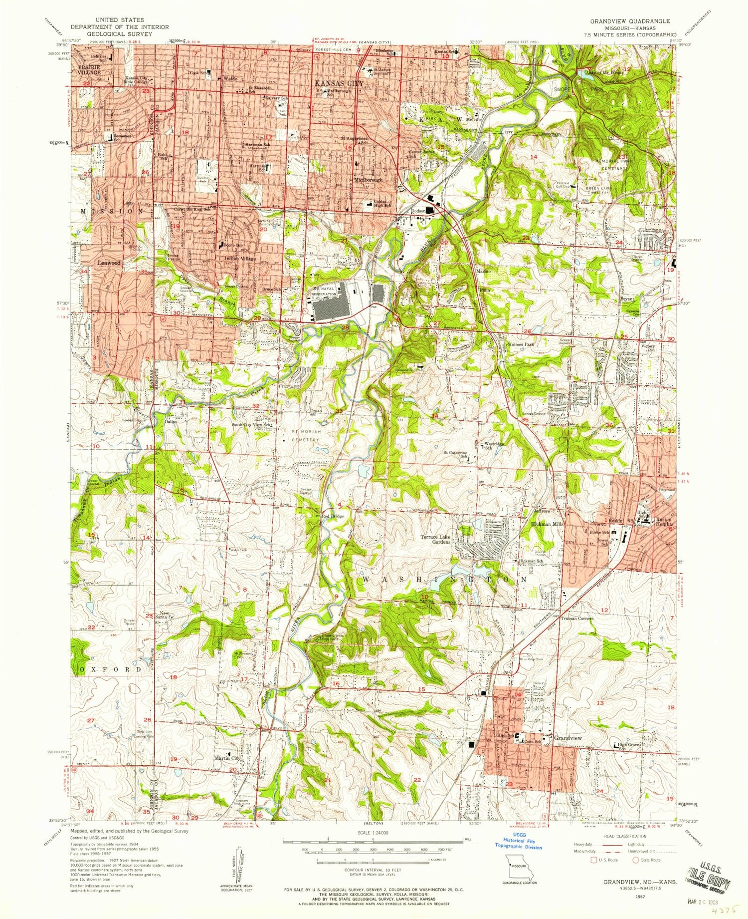 Classic USGS Grandview Missouri 7.5'x7.5' Topo Map Image