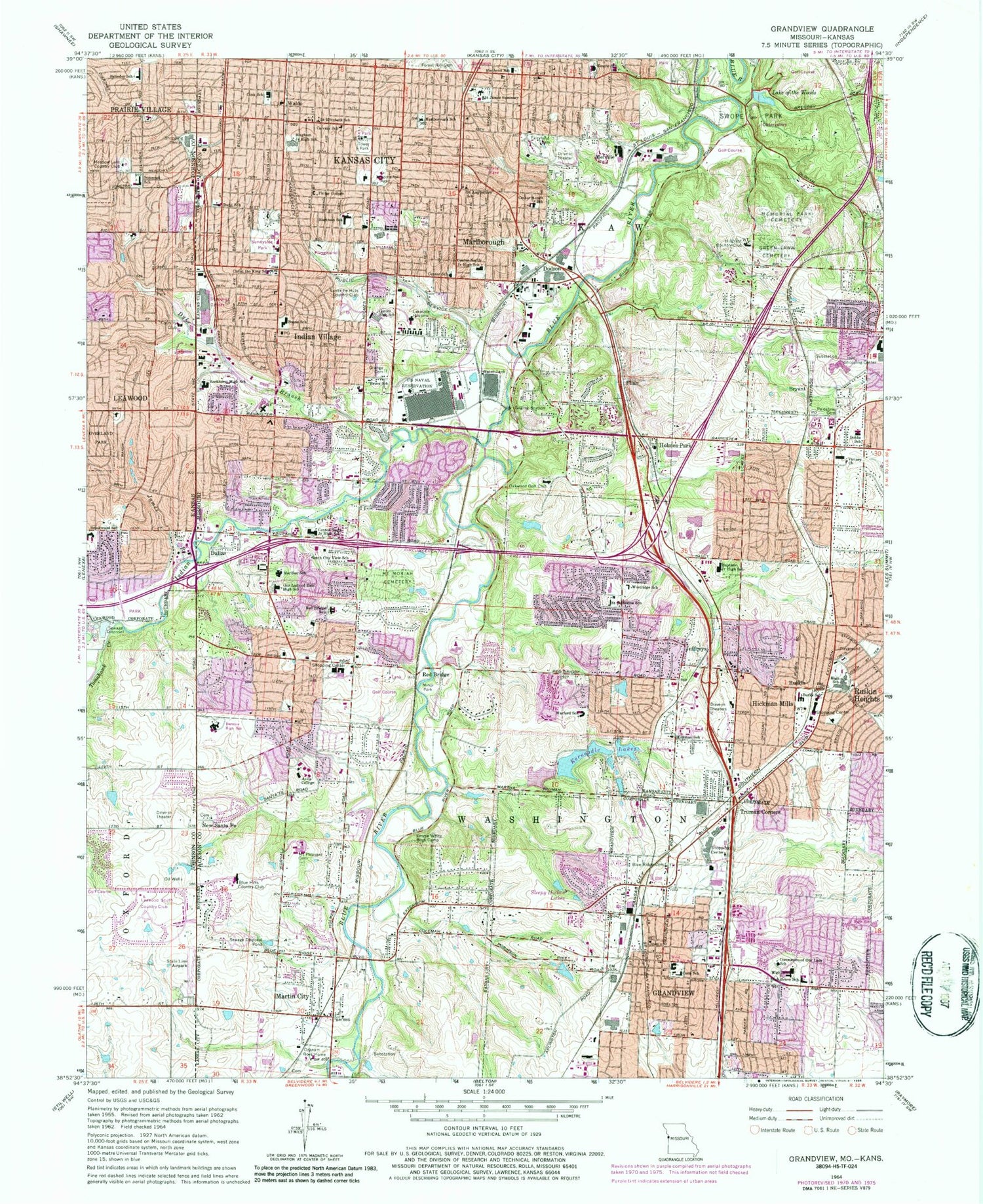 Classic USGS Grandview Missouri 7.5'x7.5' Topo Map Image