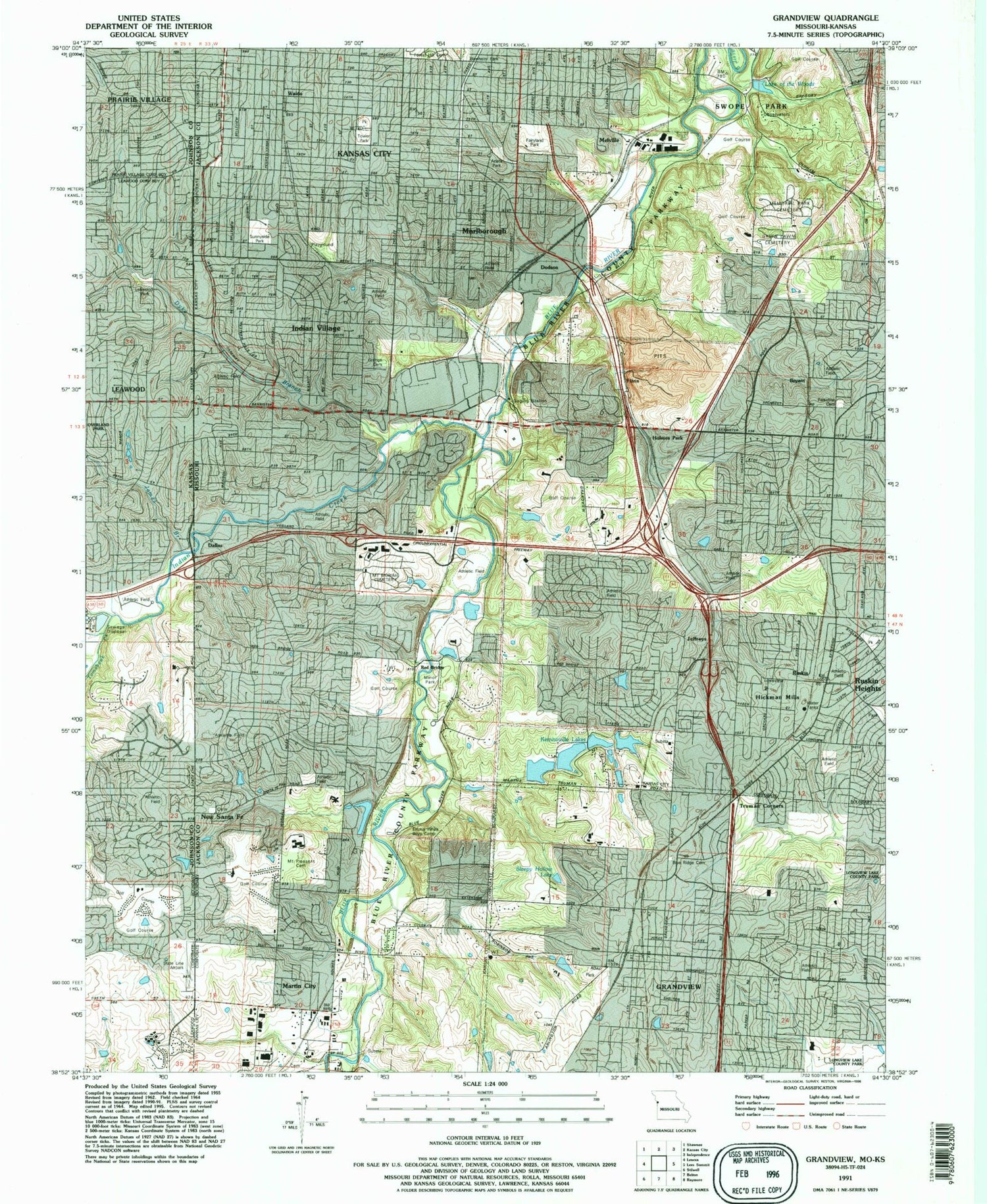 Classic USGS Grandview Missouri 7.5'x7.5' Topo Map Image