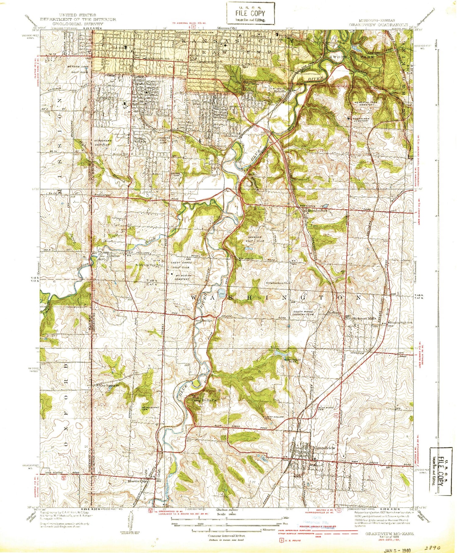 Classic USGS Grandview Missouri 7.5'x7.5' Topo Map Image