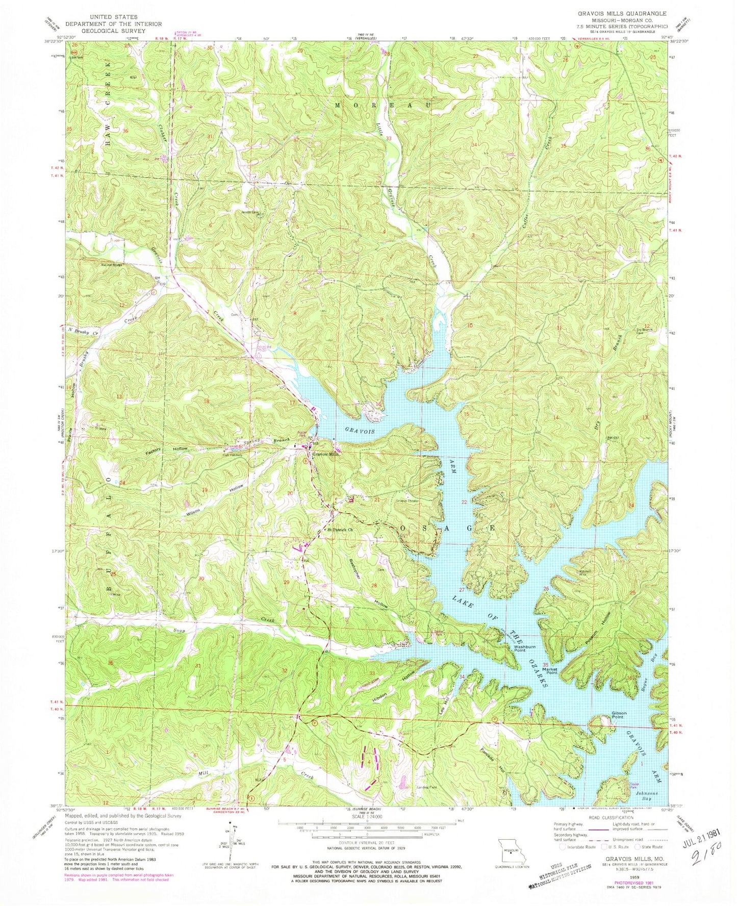 Classic USGS Gravois Mills Missouri 7.5'x7.5' Topo Map Image