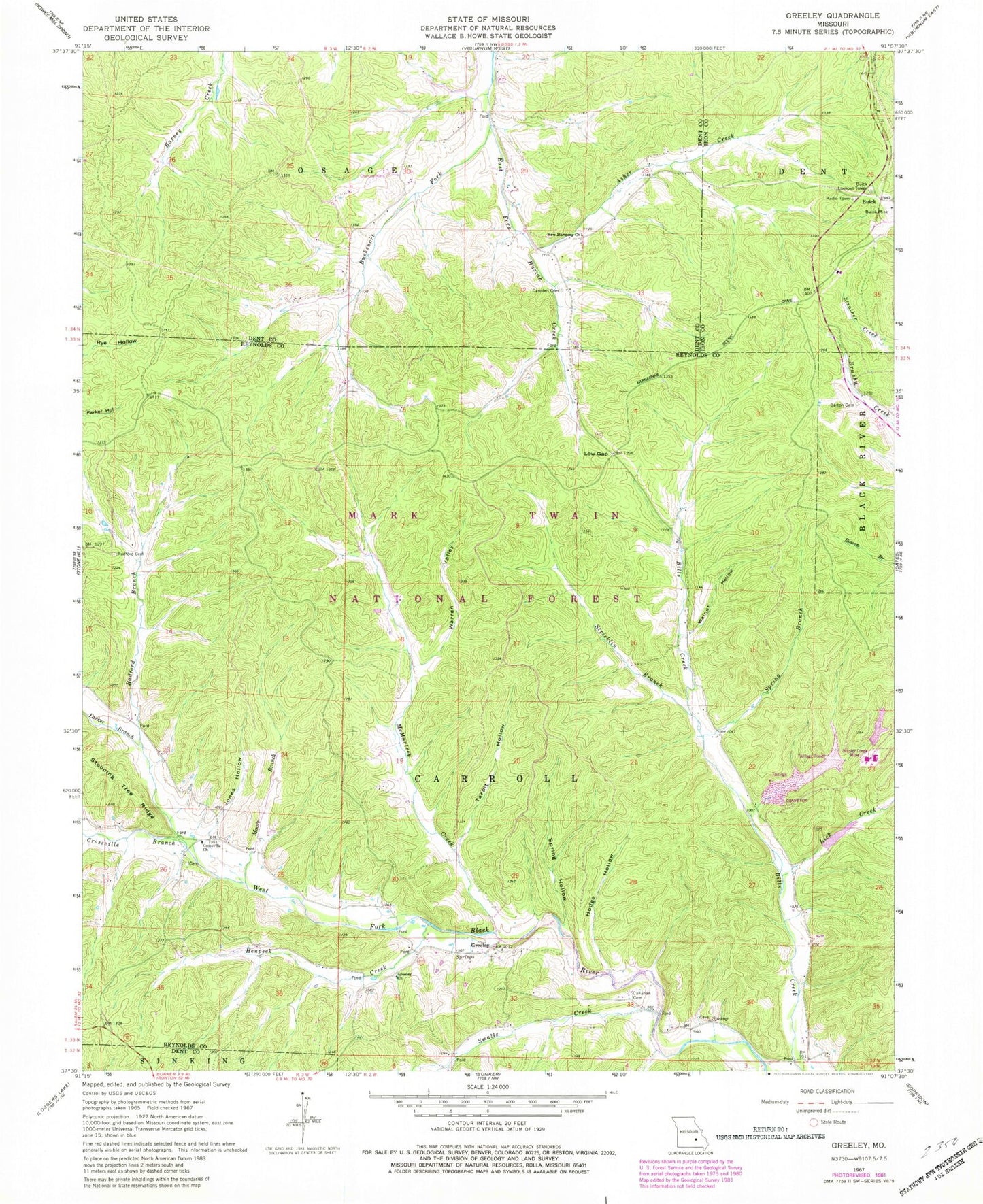 Classic USGS Greeley Missouri 7.5'x7.5' Topo Map Image