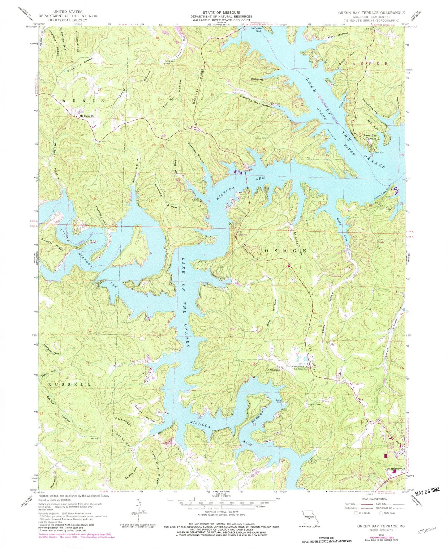 Classic USGS Green Bay Terrace Missouri 7.5'x7.5' Topo Map Image