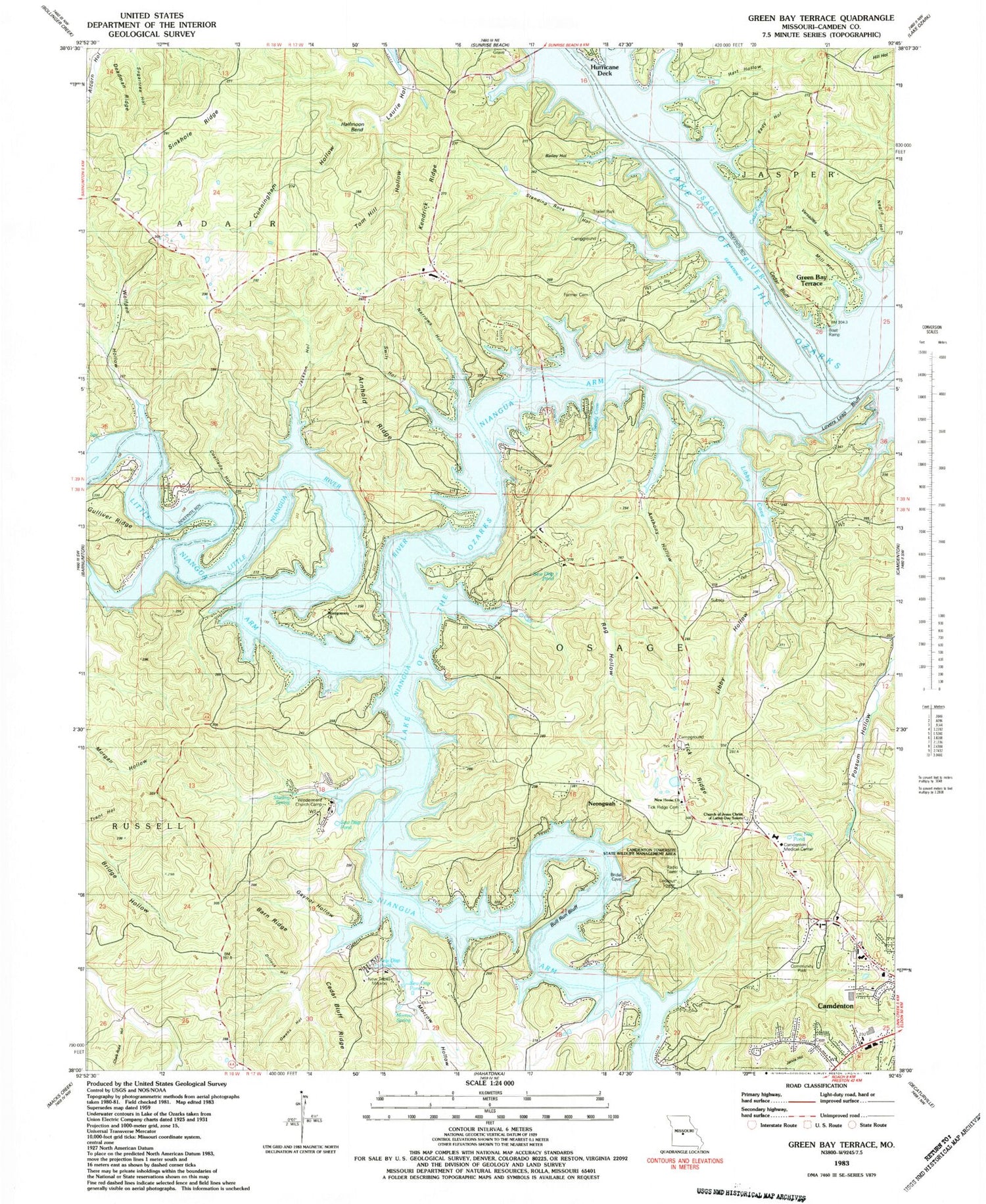 Classic USGS Green Bay Terrace Missouri 7.5'x7.5' Topo Map Image