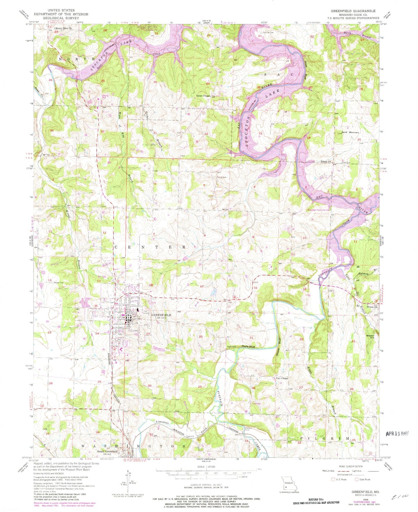 Classic USGS Greenfield Missouri 7.5'x7.5' Topo Map Image