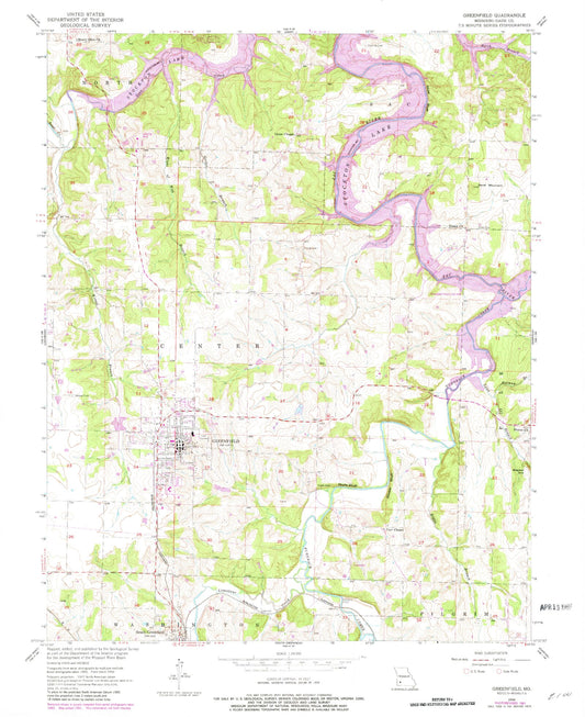 Classic USGS Greenfield Missouri 7.5'x7.5' Topo Map Image