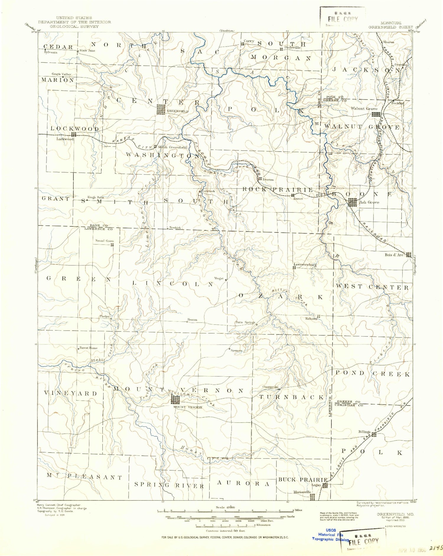 Historic 1886 Greenfield Missouri 30'x30' Topo Map Image