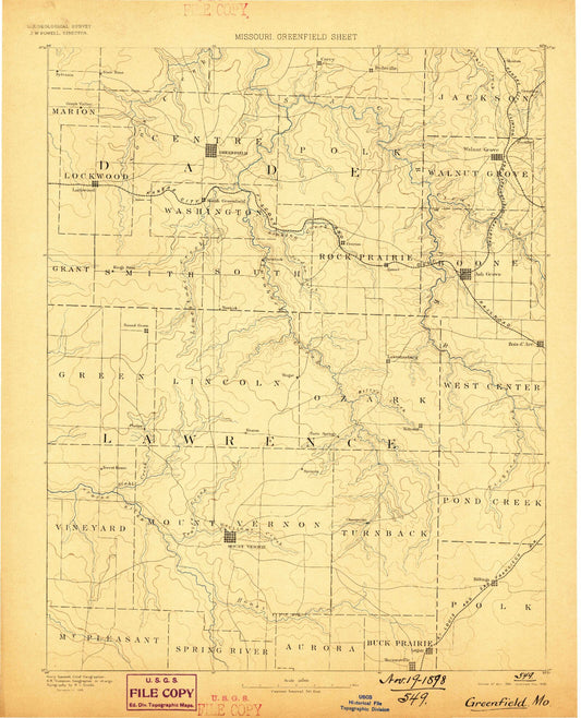 Historic 1888 Greenfield Missouri 30'x30' Topo Map Image
