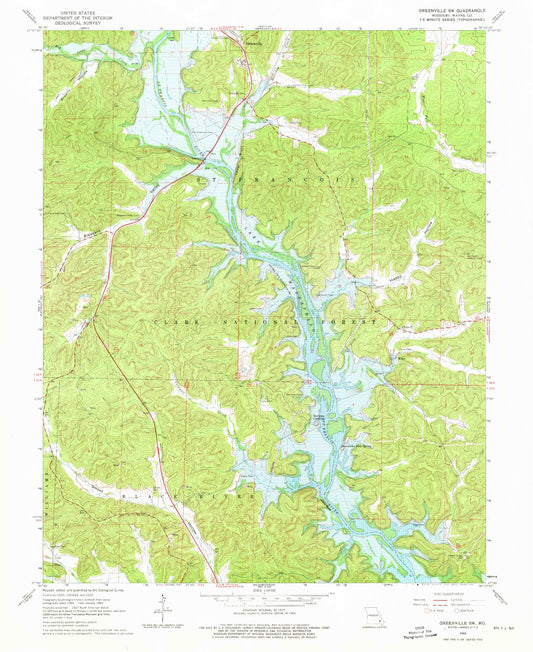 Classic USGS Greenville SW Missouri 7.5'x7.5' Topo Map Image