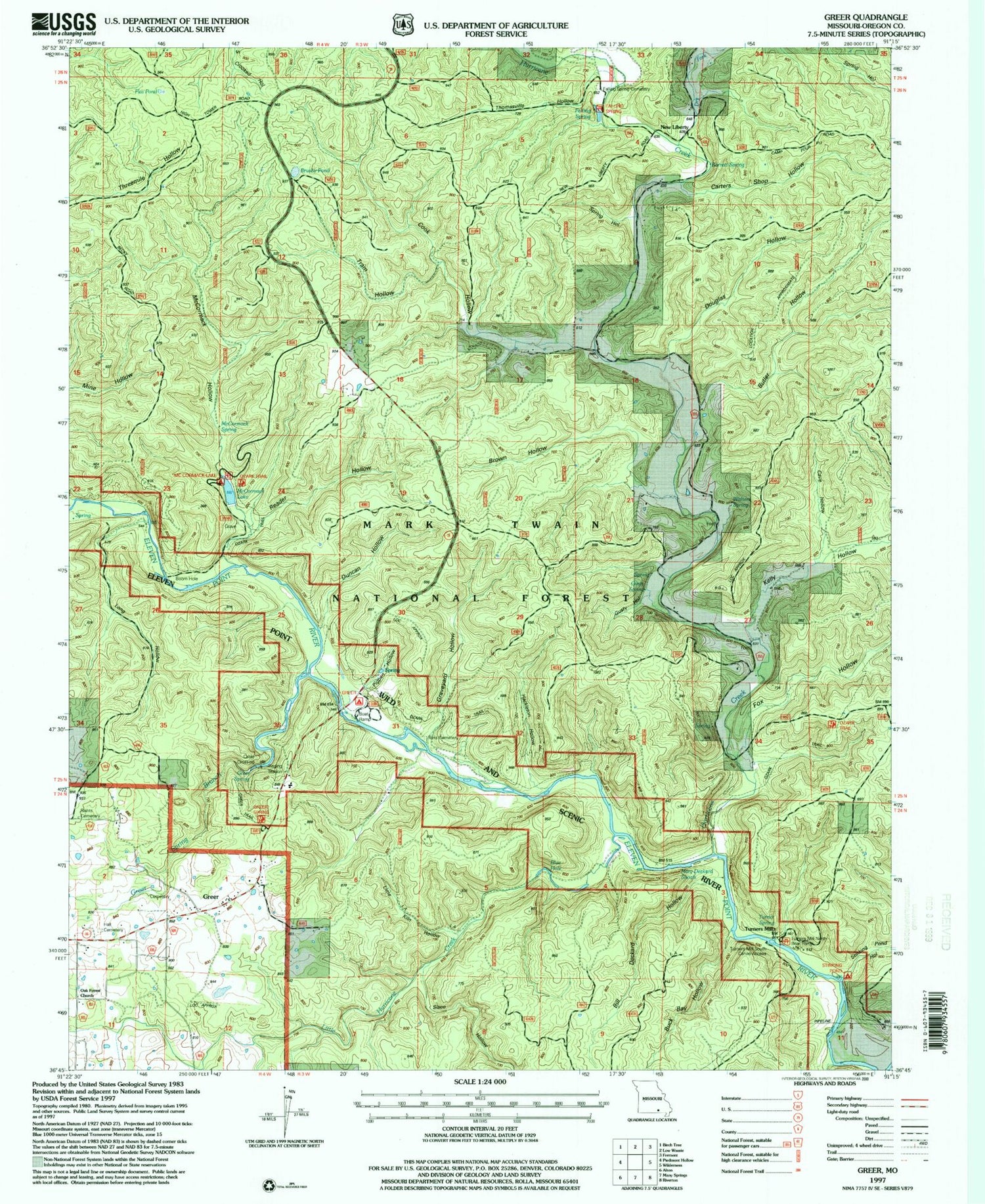 Classic USGS Greer Missouri 7.5'x7.5' Topo Map Image
