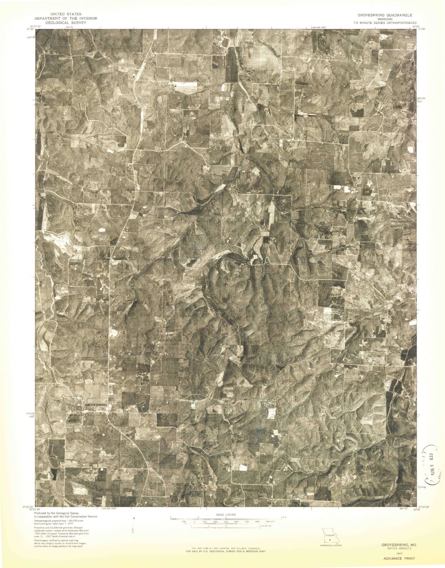 Classic USGS Grovespring Missouri 7.5'x7.5' Topo Map Image