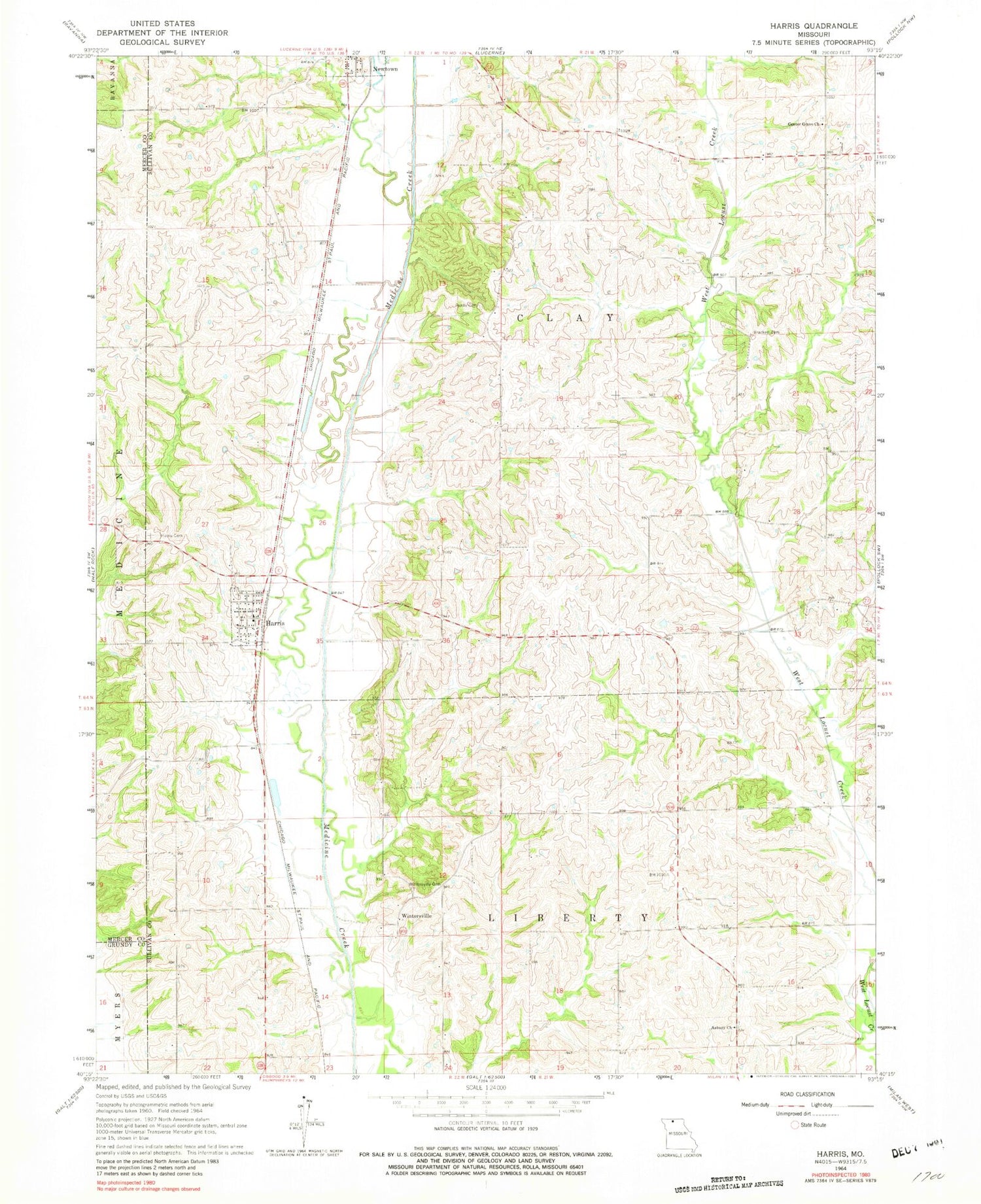 Classic USGS Harris Missouri 7.5'x7.5' Topo Map Image