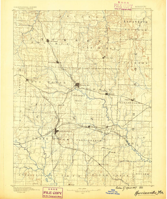 Historic 1887 Harrisonville Missouri 30'x30' Topo Map Image