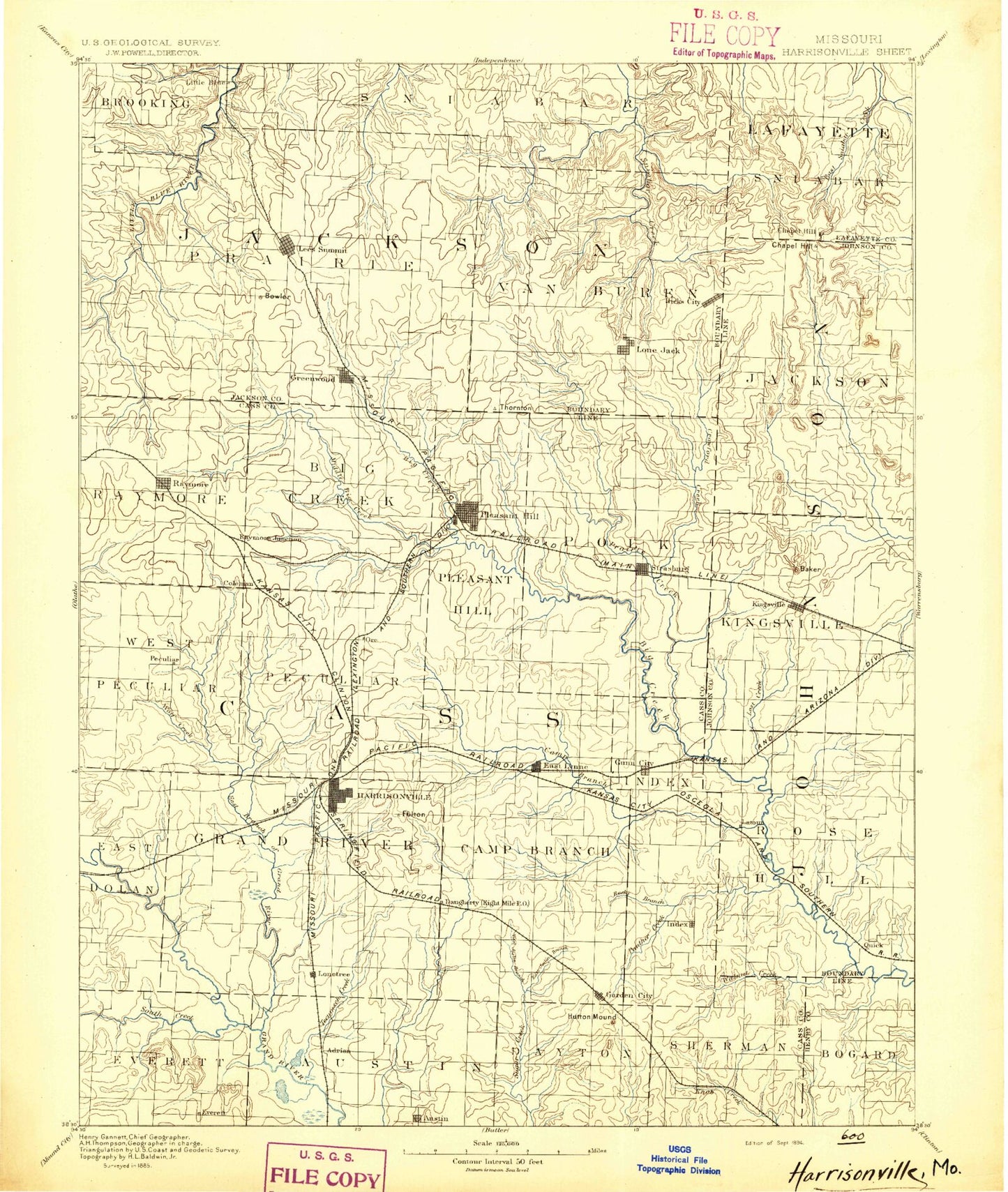 Historic 1894 Harrisonville Missouri 30'x30' Topo Map Image