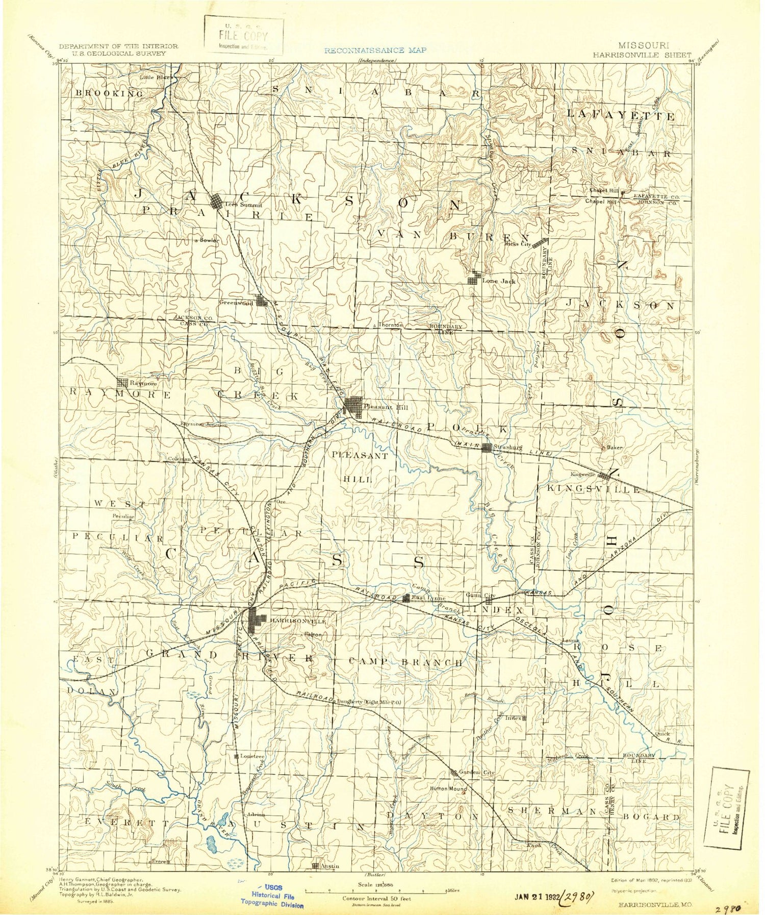 Historic 1892 Harrisonville Missouri 30'x30' Topo Map Image