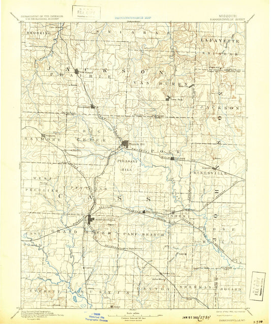 Historic 1892 Harrisonville Missouri 30'x30' Topo Map Image