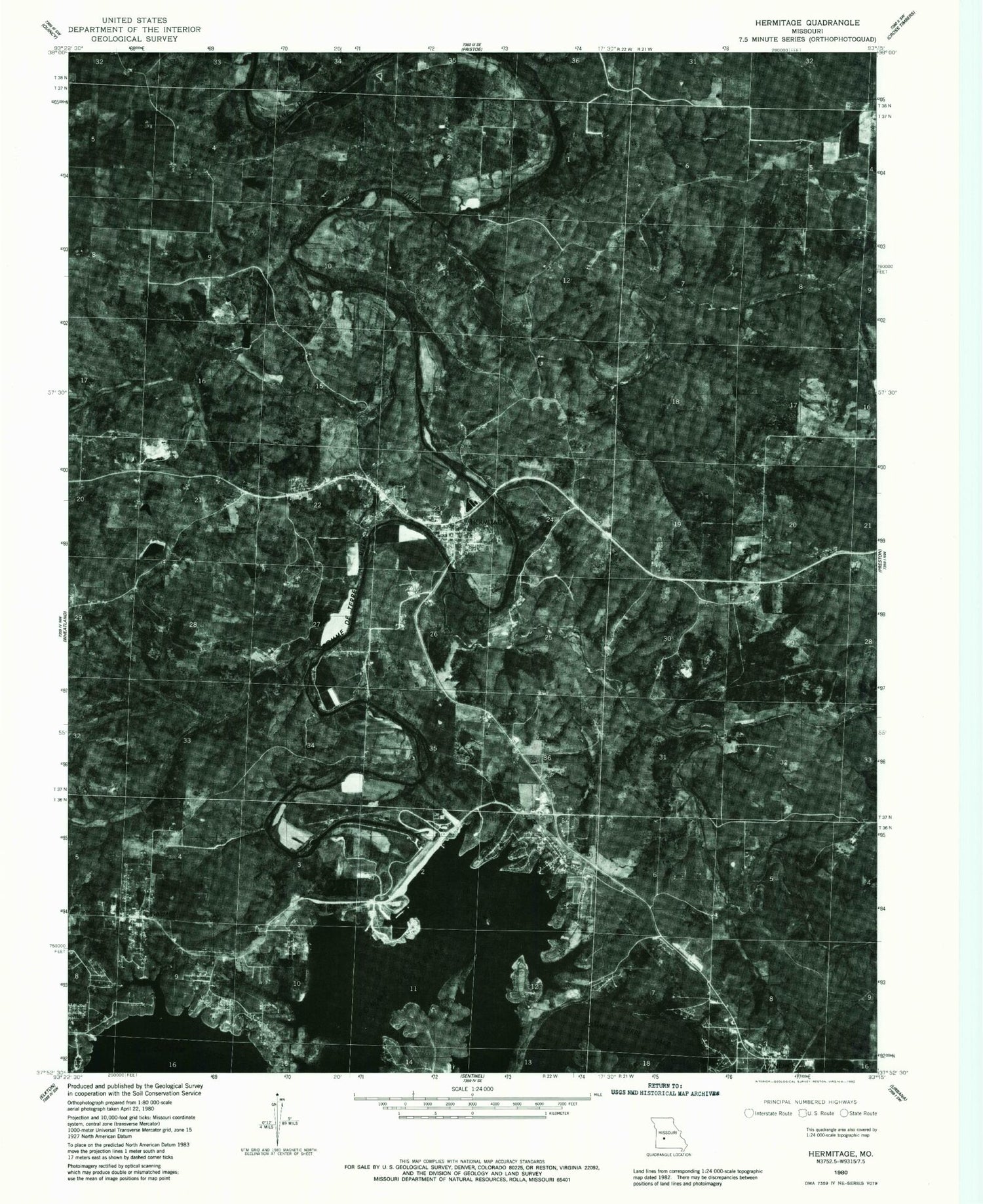 Classic USGS Hermitage Missouri 7.5'x7.5' Topo Map Image