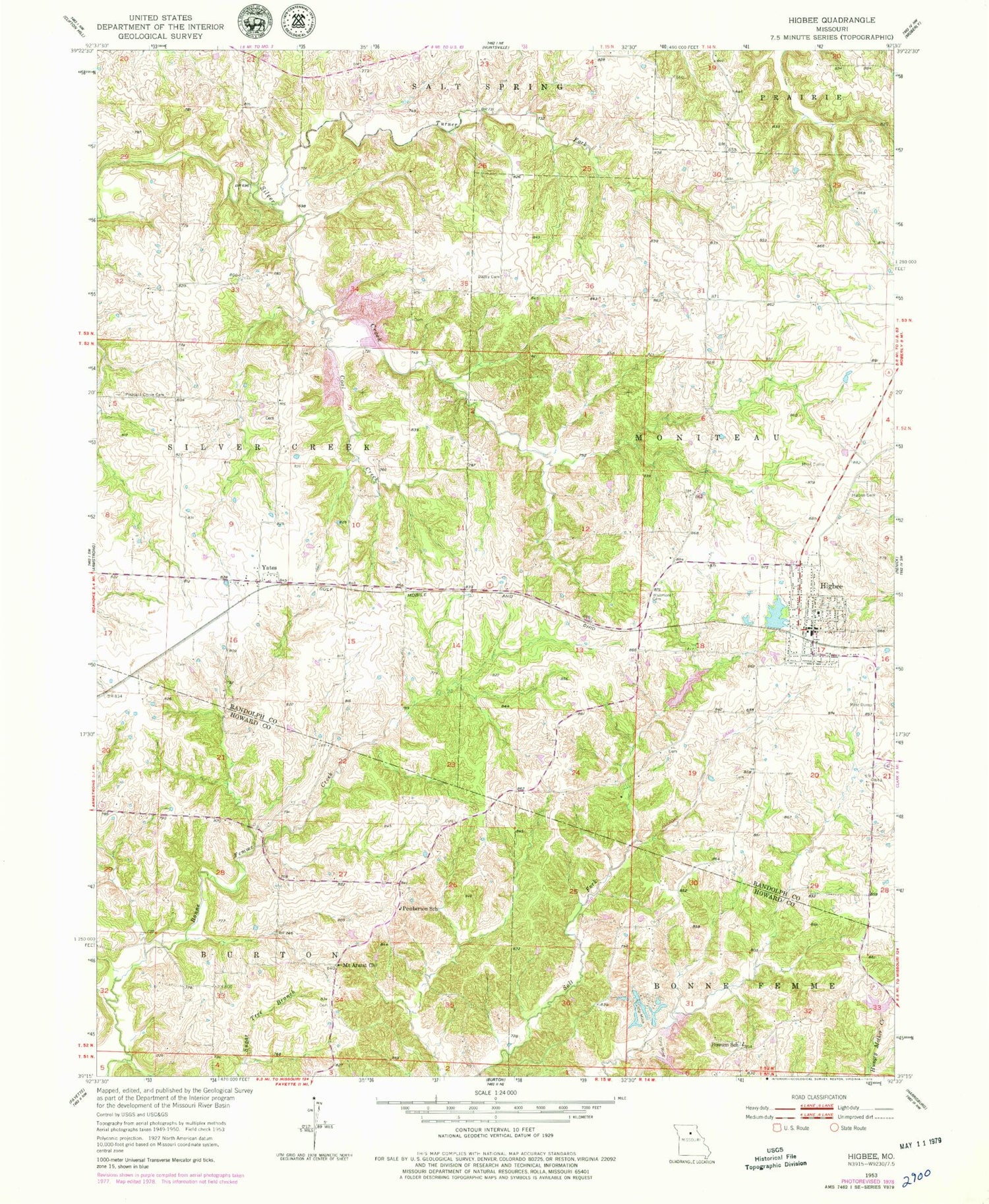 Classic USGS Higbee Missouri 7.5'x7.5' Topo Map Image