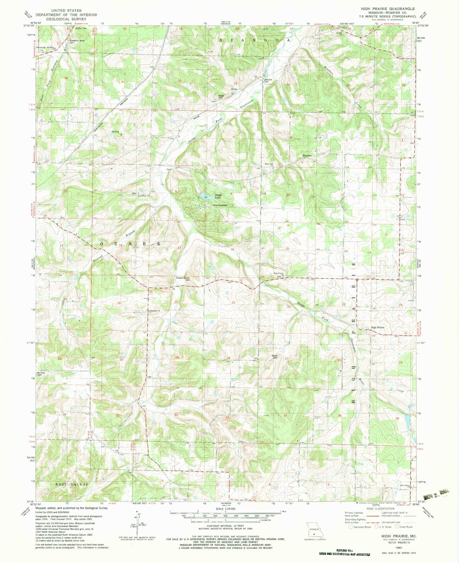 Classic USGS High Prairie Missouri 7.5'x7.5' Topo Map Image