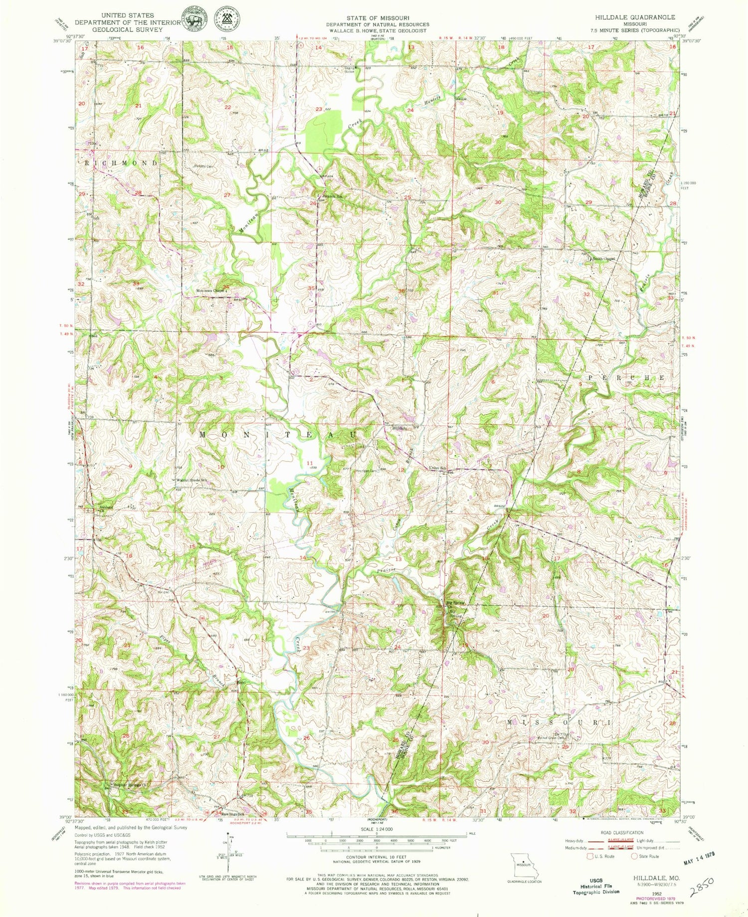 Classic USGS Hilldale Missouri 7.5'x7.5' Topo Map Image