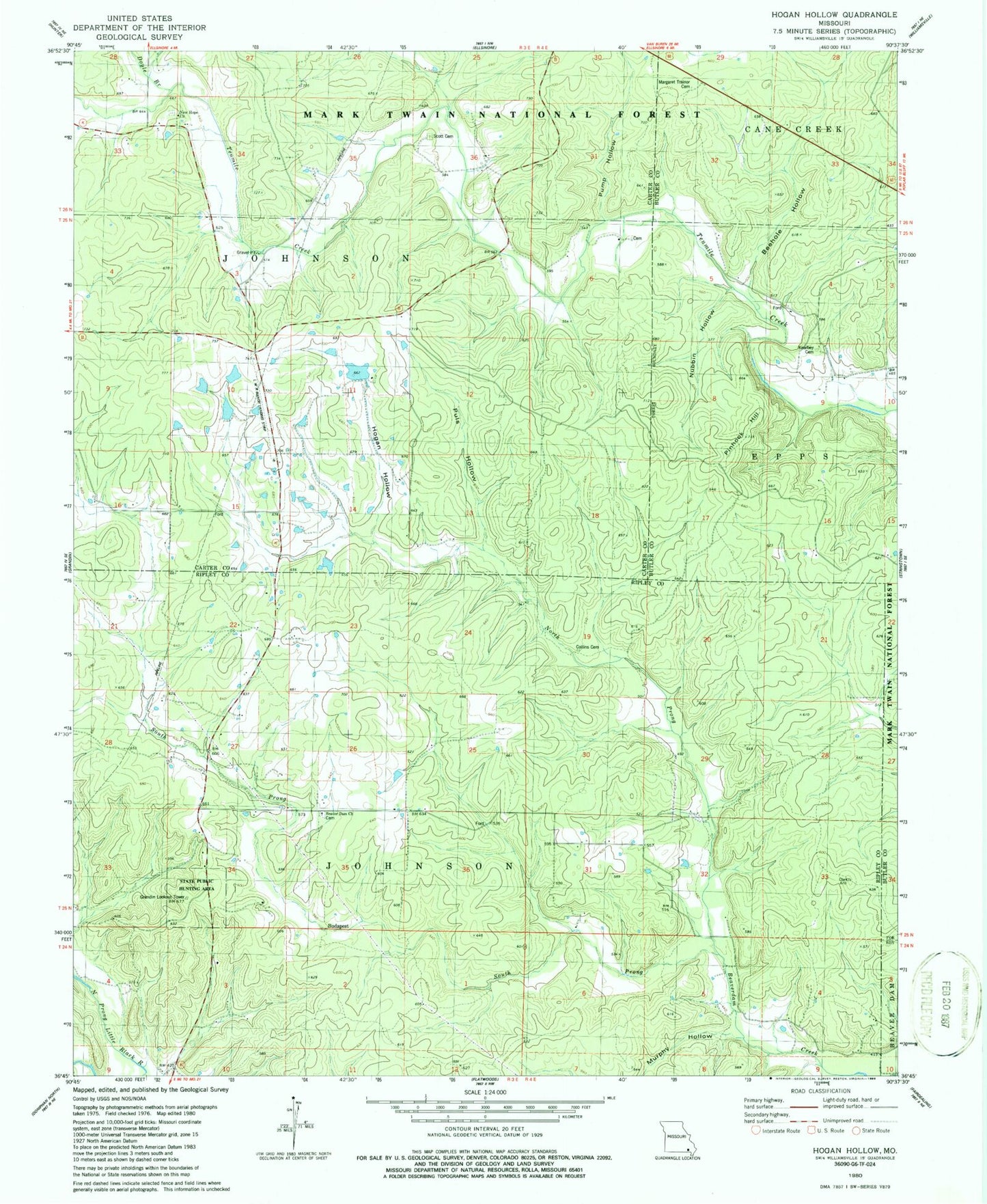 Classic USGS Hogan Hollow Missouri 7.5'x7.5' Topo Map Image