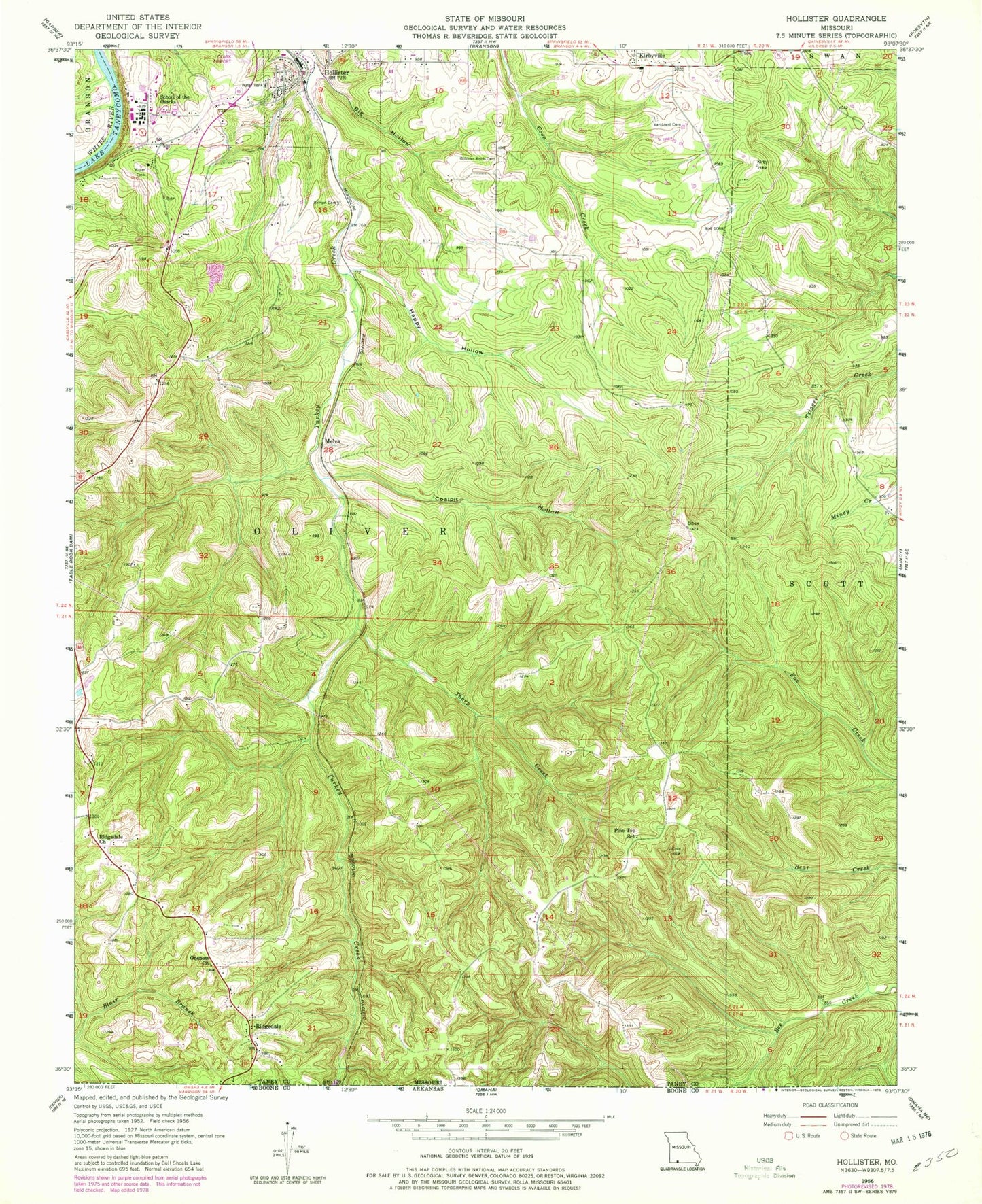 Classic USGS Hollister Missouri 7.5'x7.5' Topo Map Image