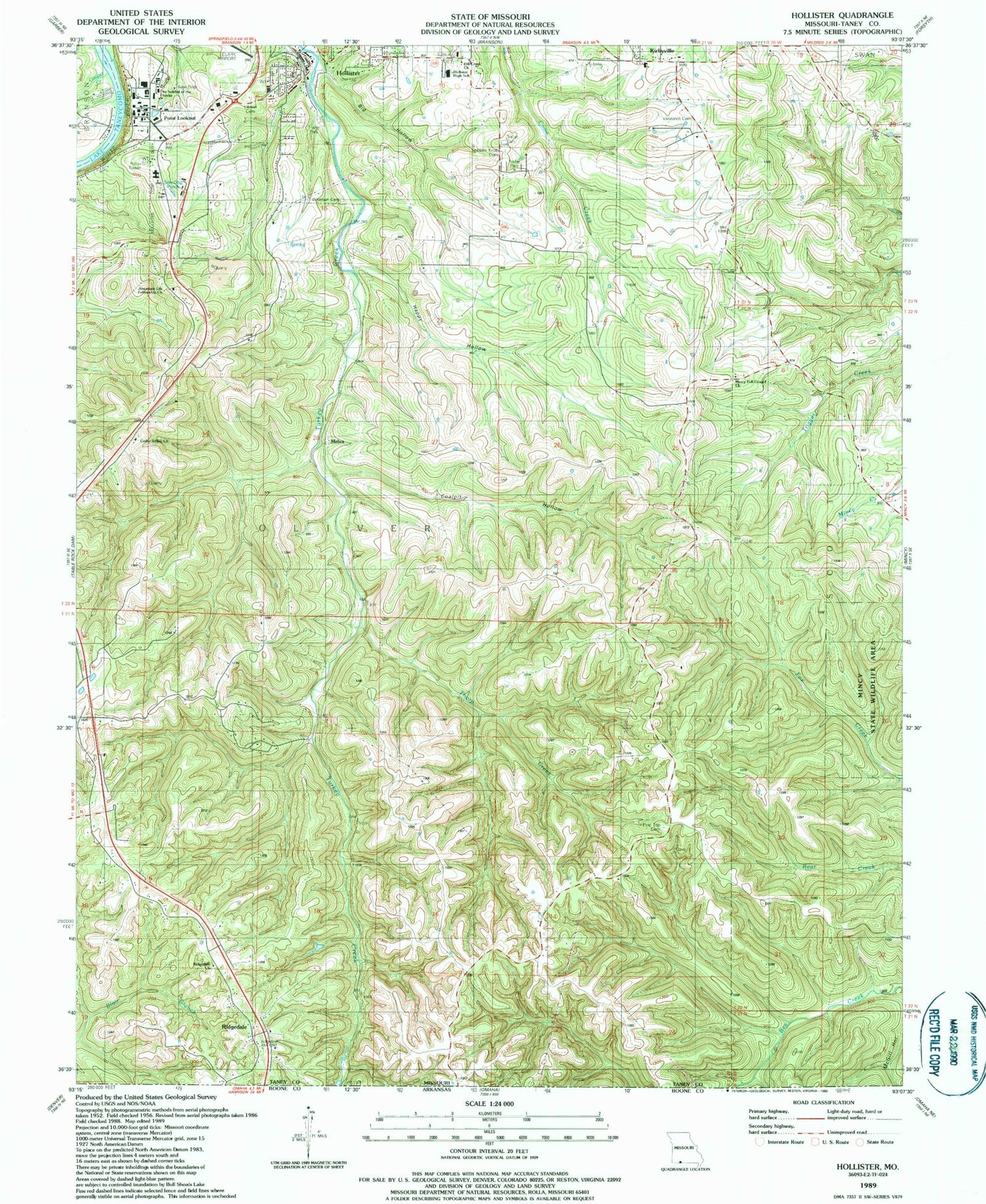 Classic USGS Hollister Missouri 7.5'x7.5' Topo Map Image