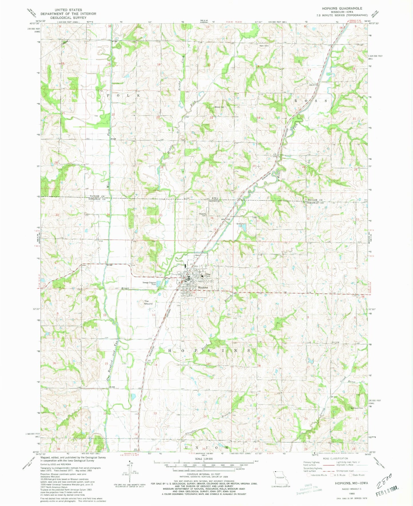 Classic USGS Hopkins Missouri 7.5'x7.5' Topo Map Image