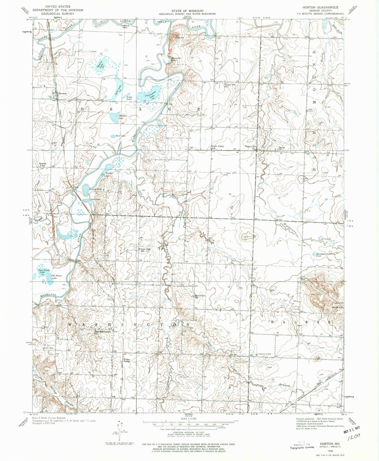 Classic USGS Horton Missouri 7.5'x7.5' Topo Map Image