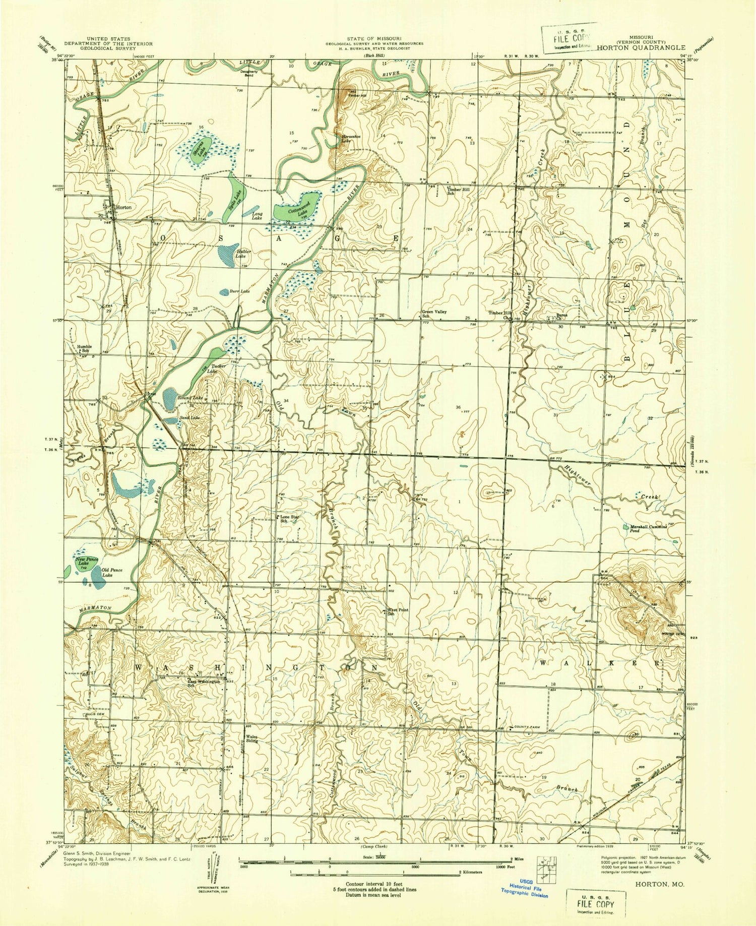 Classic USGS Horton Missouri 7.5'x7.5' Topo Map Image