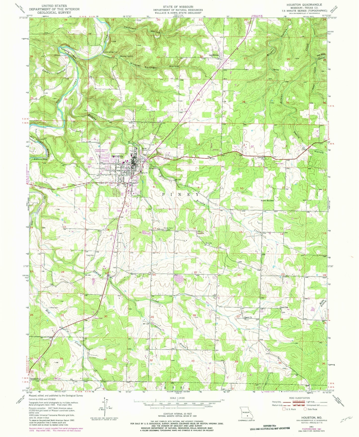Classic USGS Houston Missouri 7.5'x7.5' Topo Map Image