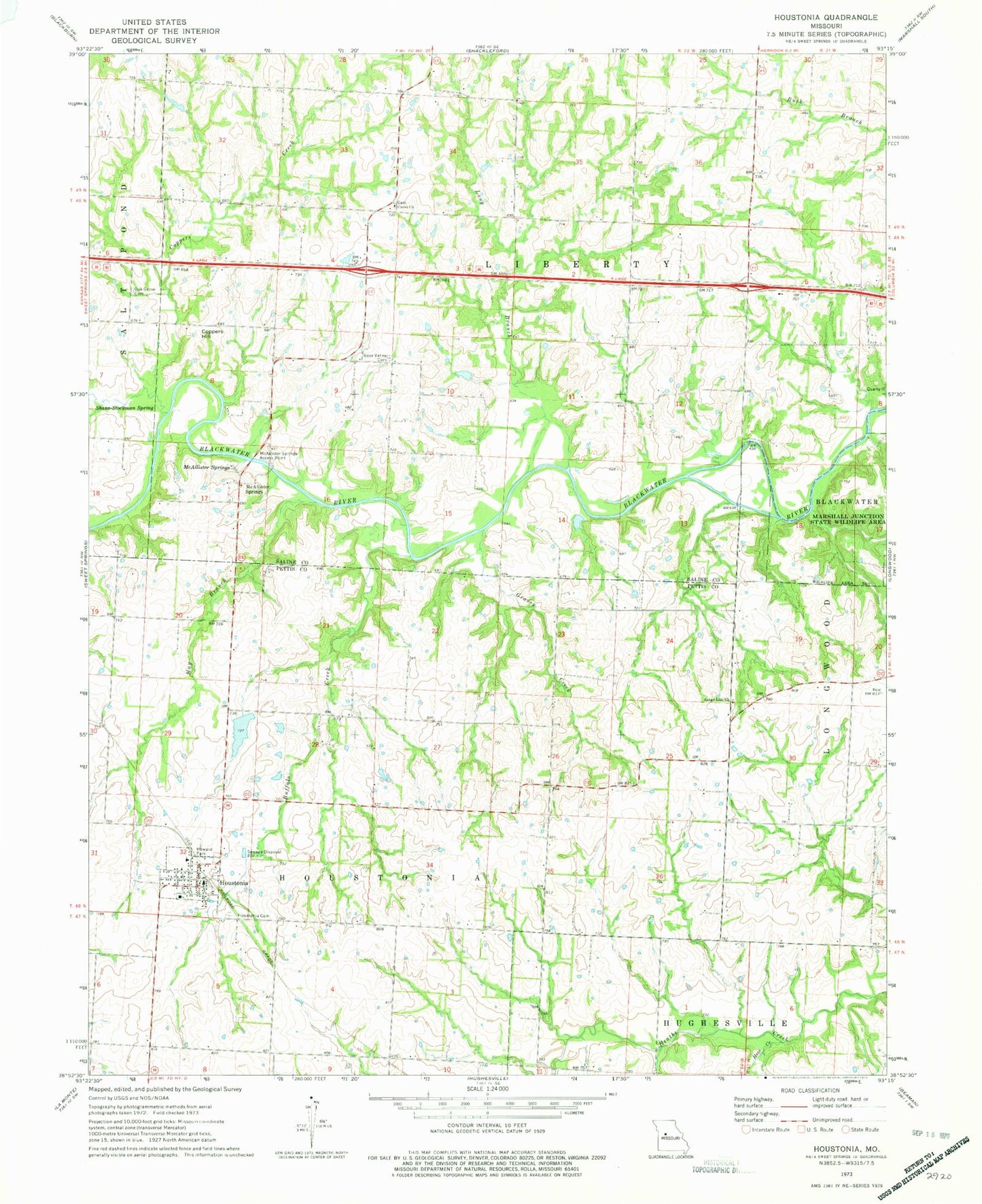 Classic USGS Houstonia Missouri 7.5'x7.5' Topo Map Image