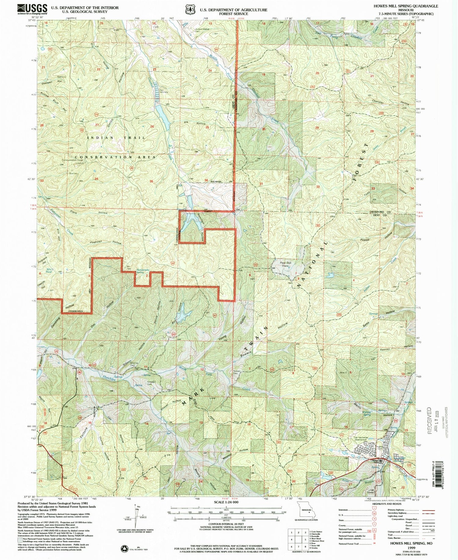 Classic USGS Howes Mill Spring Missouri 7.5'x7.5' Topo Map Image