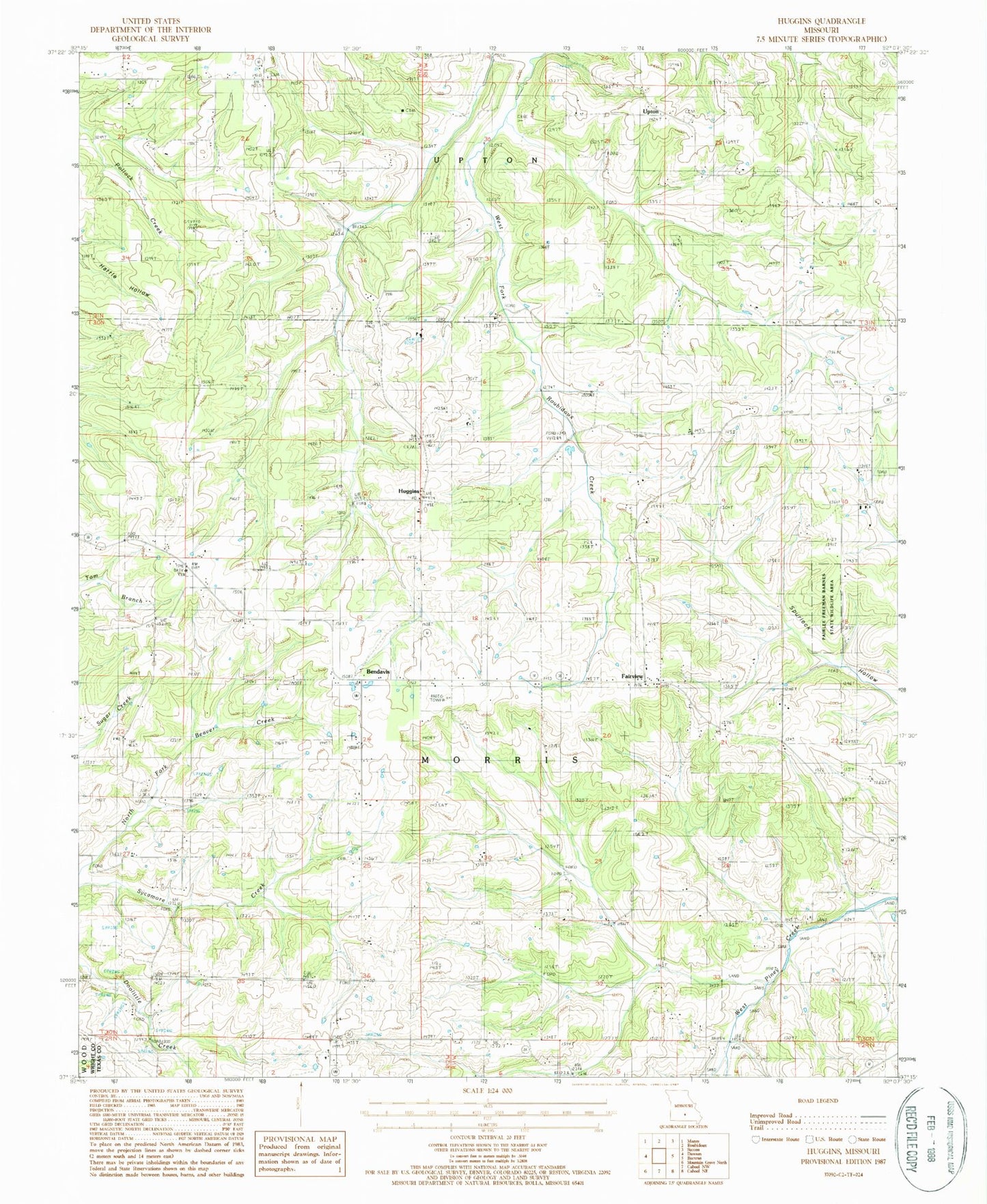 Classic USGS Huggins Missouri 7.5'x7.5' Topo Map Image