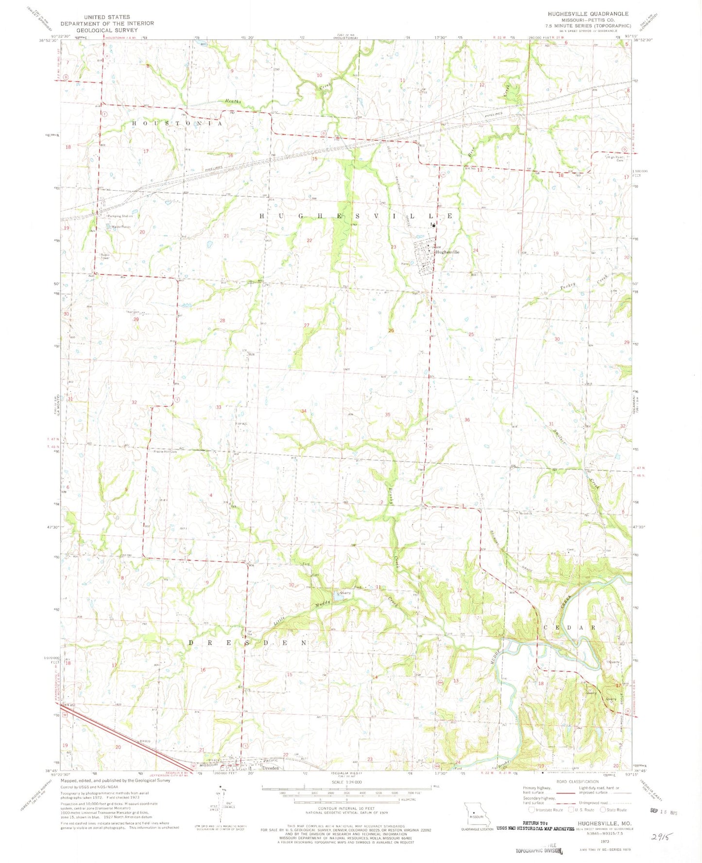 Classic USGS Hughesville Missouri 7.5'x7.5' Topo Map Image