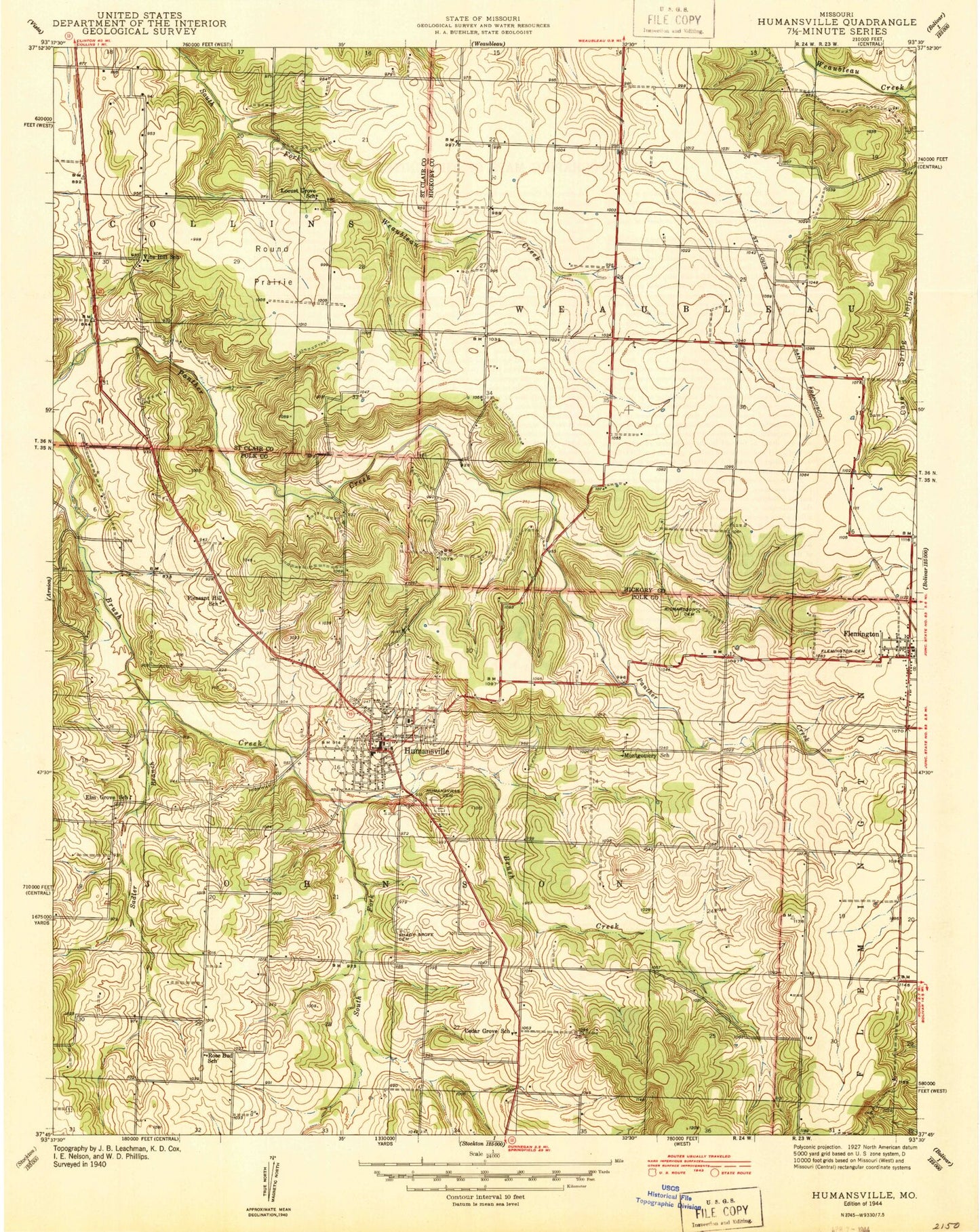 Classic USGS Humansville Missouri 7.5'x7.5' Topo Map Image