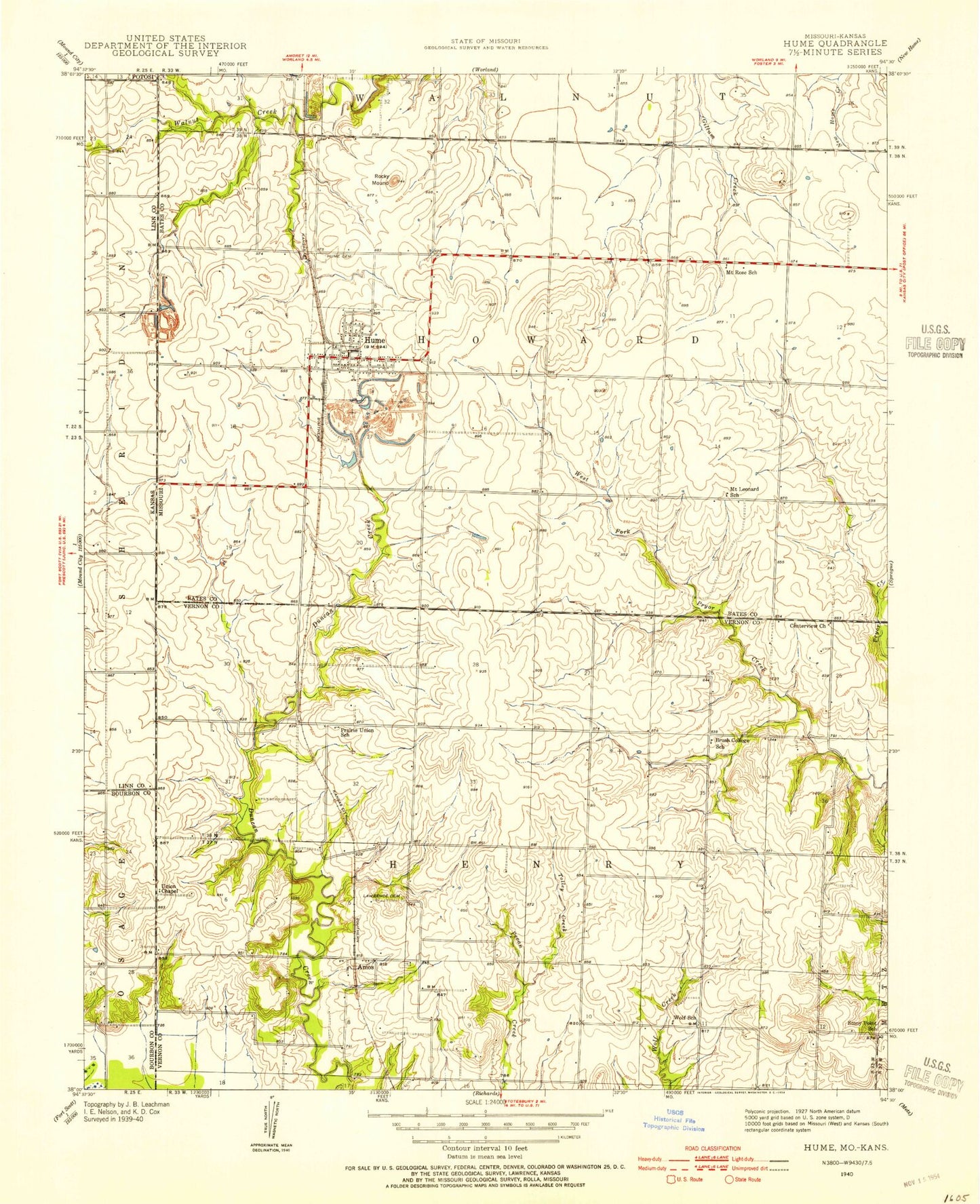 Classic USGS Hume Missouri 7.5'x7.5' Topo Map Image