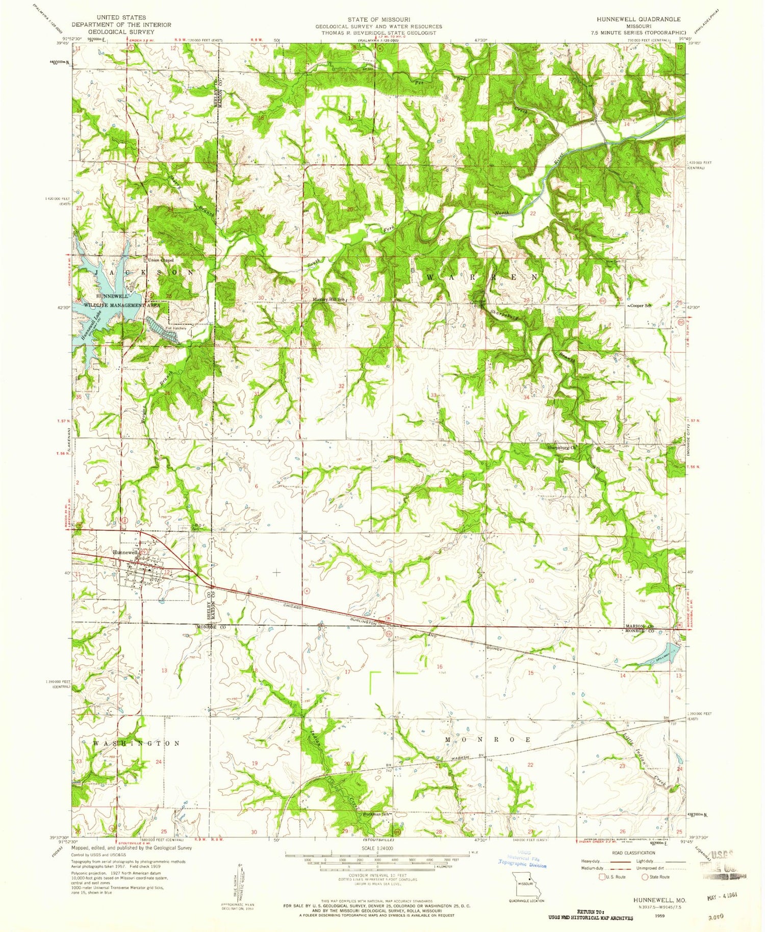 Classic USGS Hunnewell Missouri 7.5'x7.5' Topo Map Image