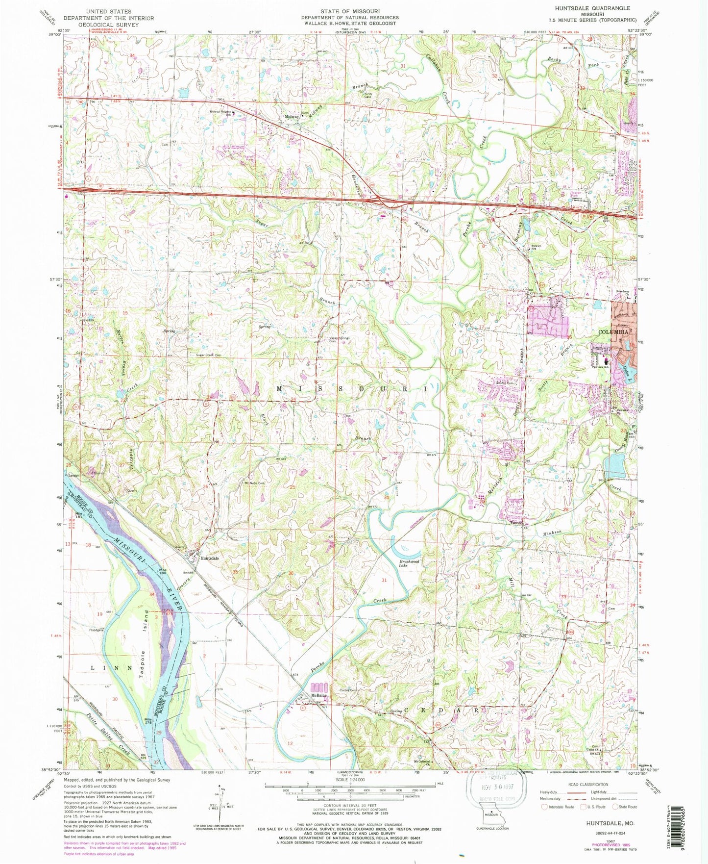 Classic USGS Huntsdale Missouri 7.5'x7.5' Topo Map Image