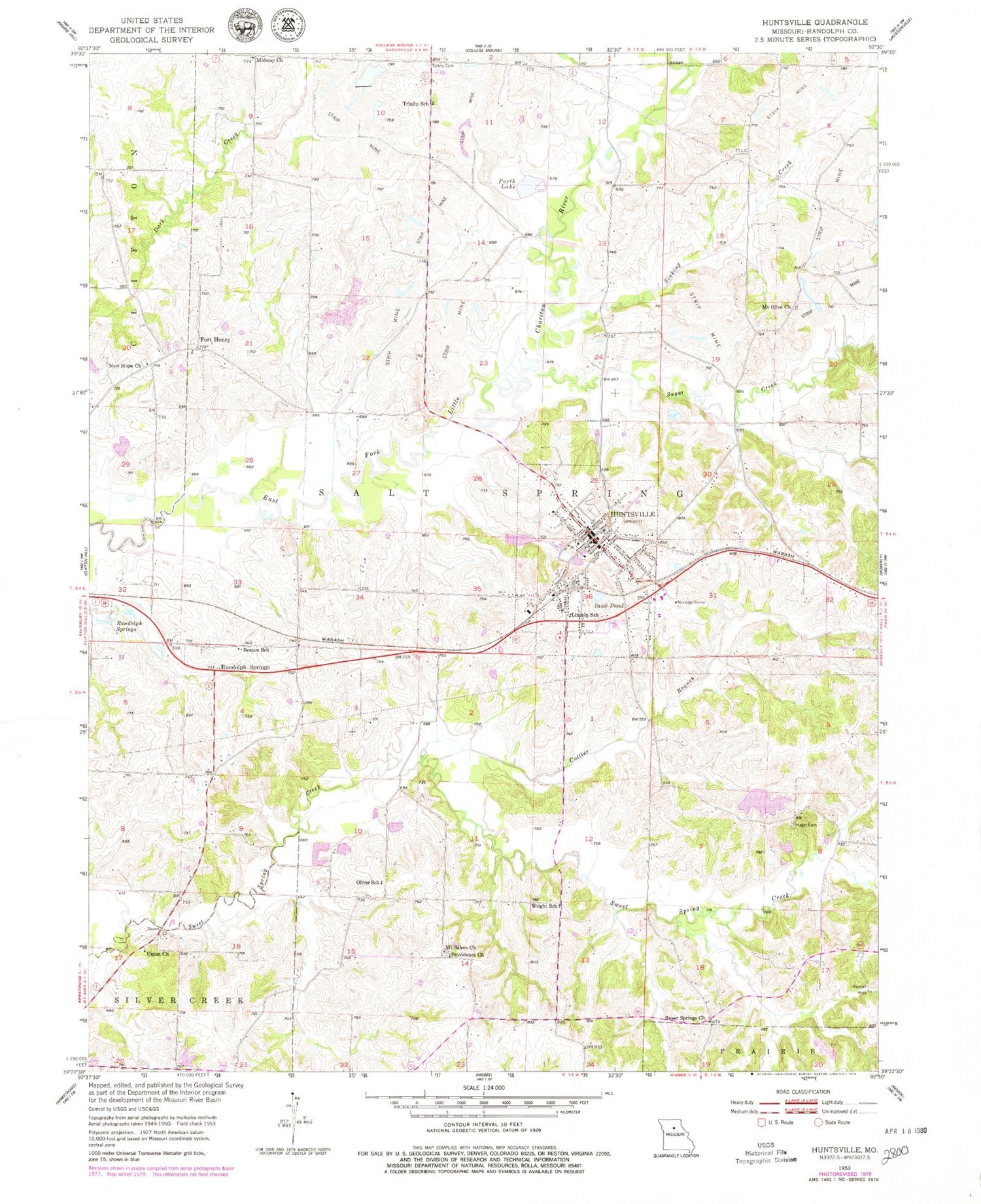 Classic USGS Huntsville Missouri 7.5'x7.5' Topo Map Image