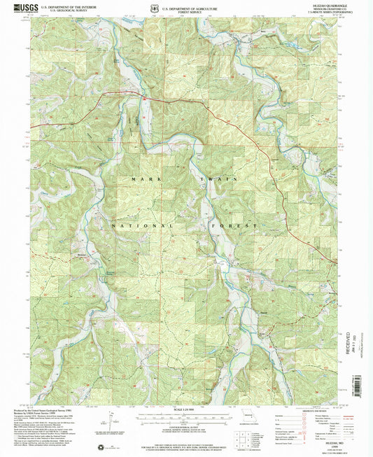 Classic USGS Huzzah Missouri 7.5'x7.5' Topo Map Image