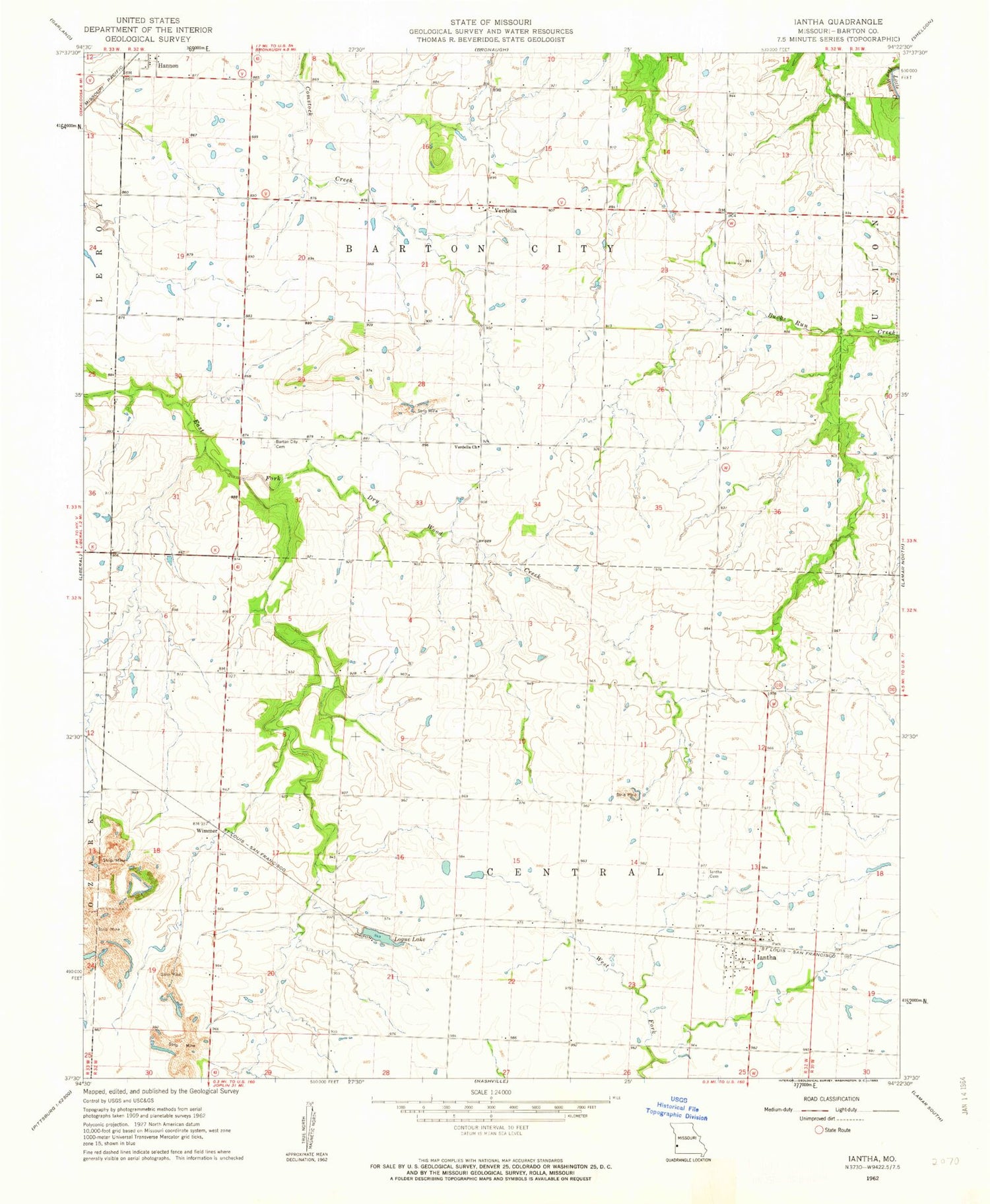 Classic USGS Iantha Missouri 7.5'x7.5' Topo Map Image