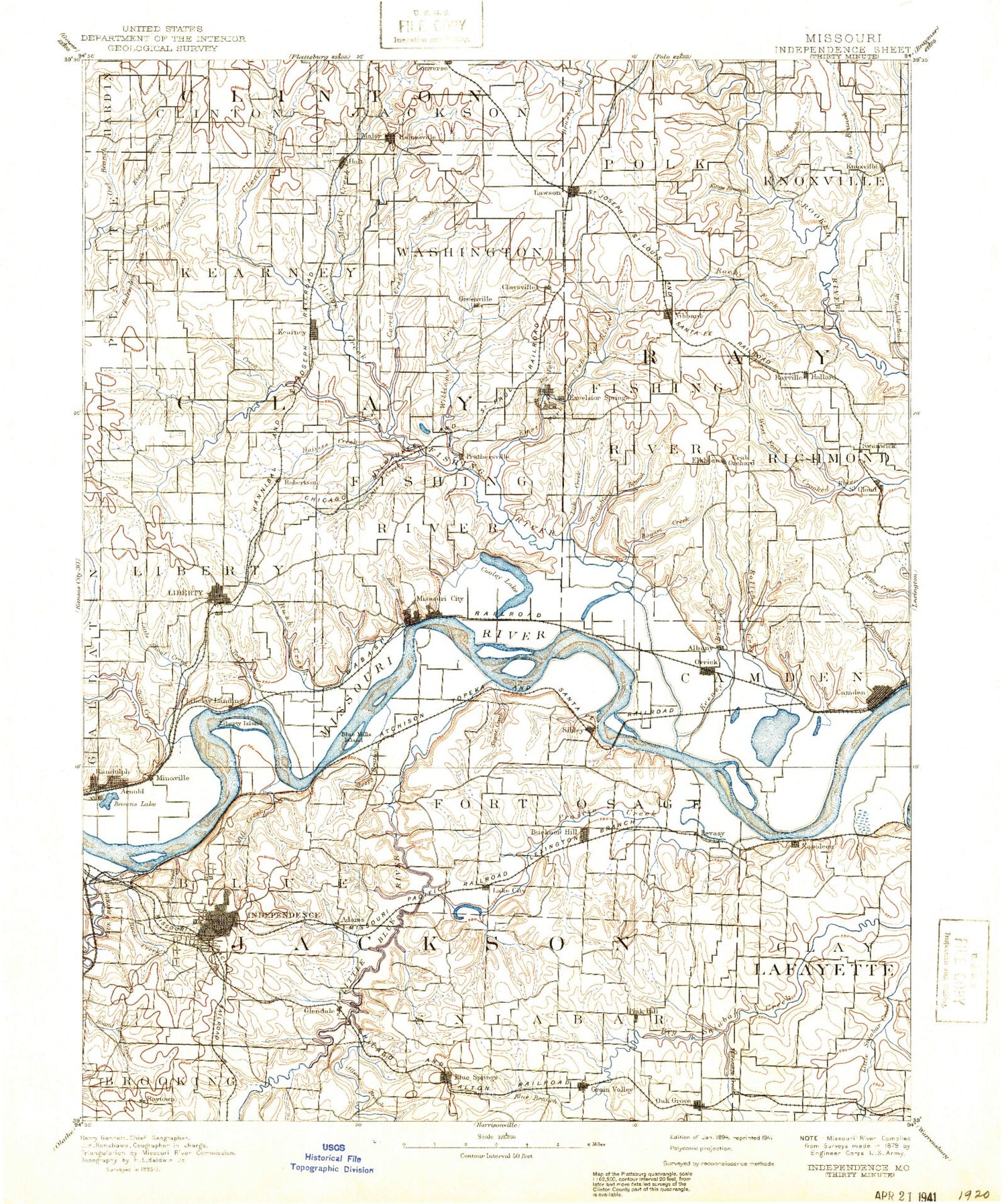 Historic 1894 Independence Missouri 30'x30' Topo Map Image