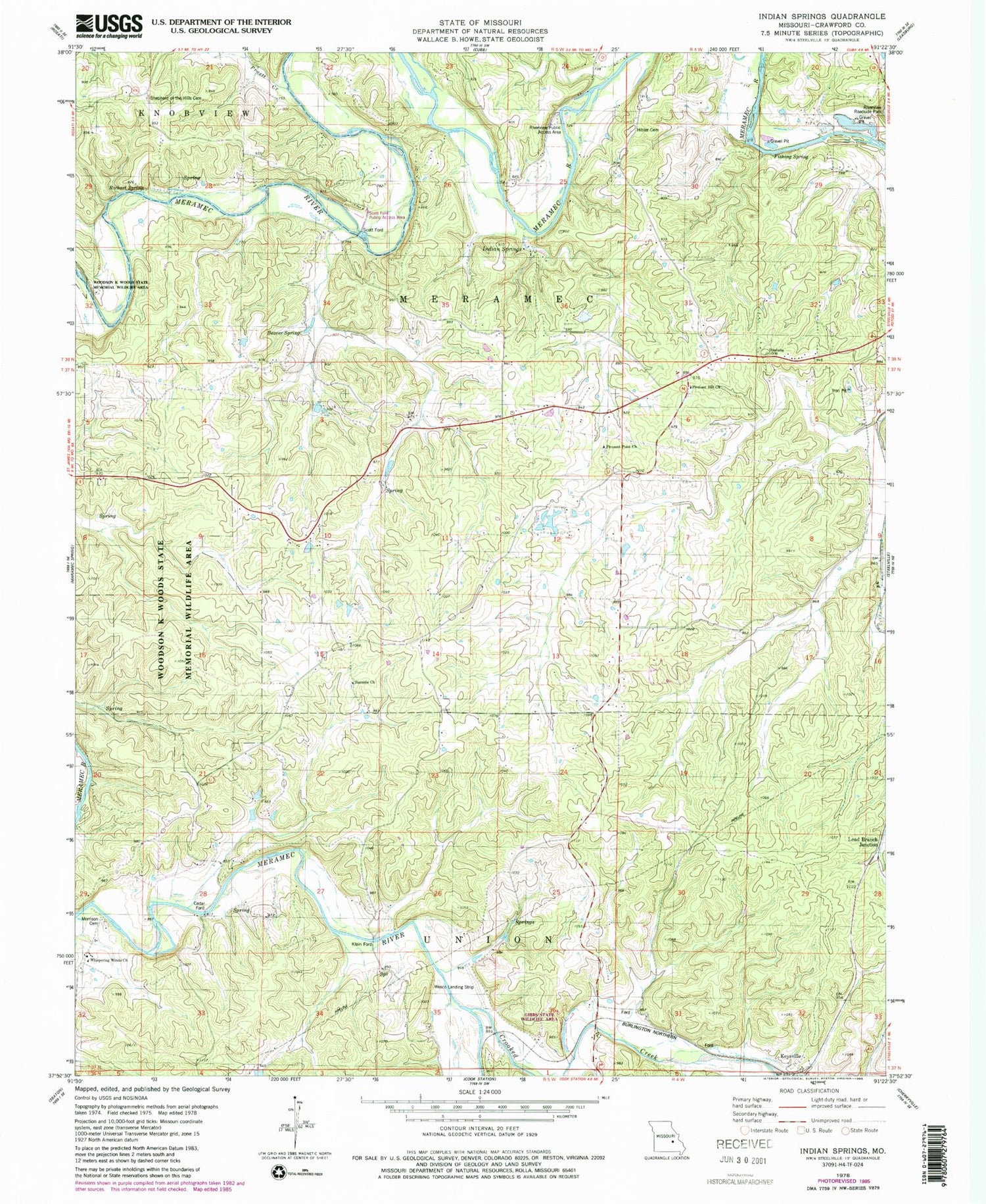 Classic USGS Indian Springs Missouri 7.5'x7.5' Topo Map Image