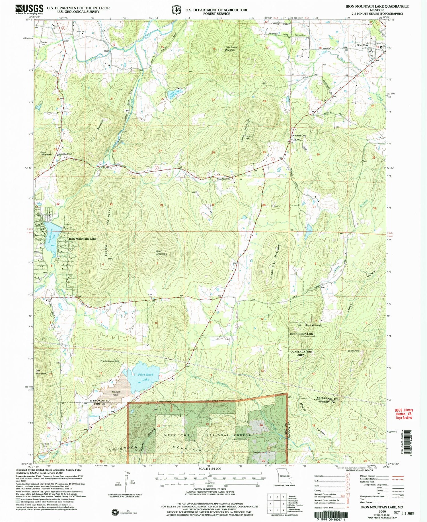 Classic USGS Iron Mountain Lake Missouri 7.5'x7.5' Topo Map Image
