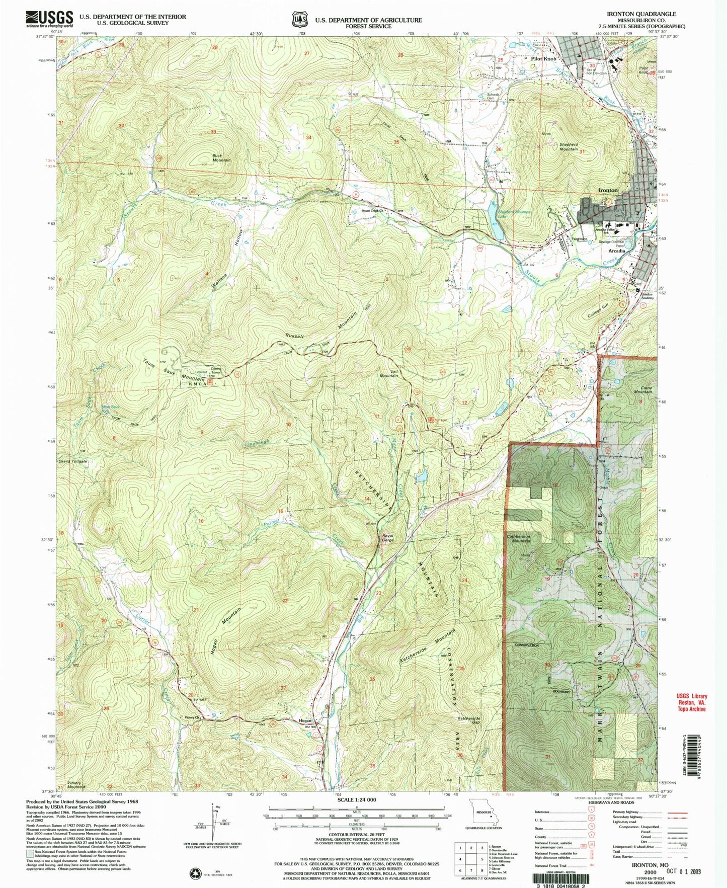 Classic USGS Ironton Missouri 7.5'x7.5' Topo Map Image
