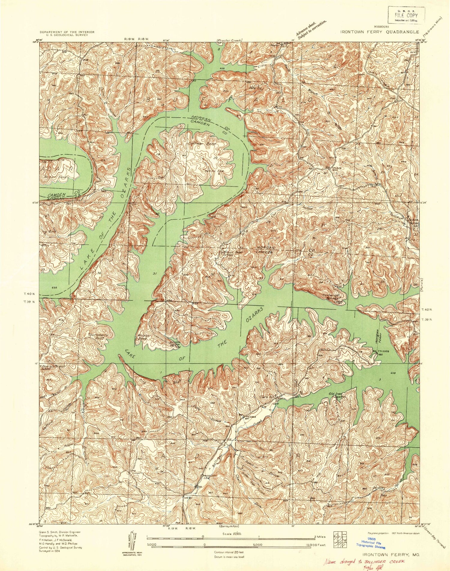 Classic USGS Bollinger Creek Missouri 7.5'x7.5' Topo Map Image